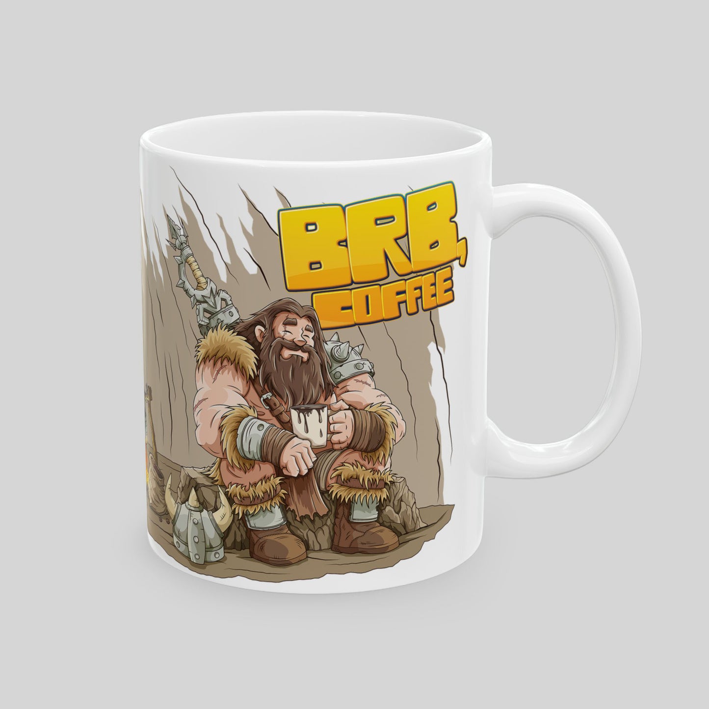 11 oz white ceramic mug with cartoon barbarian holding coffee; text: “BRB, COFFEE”