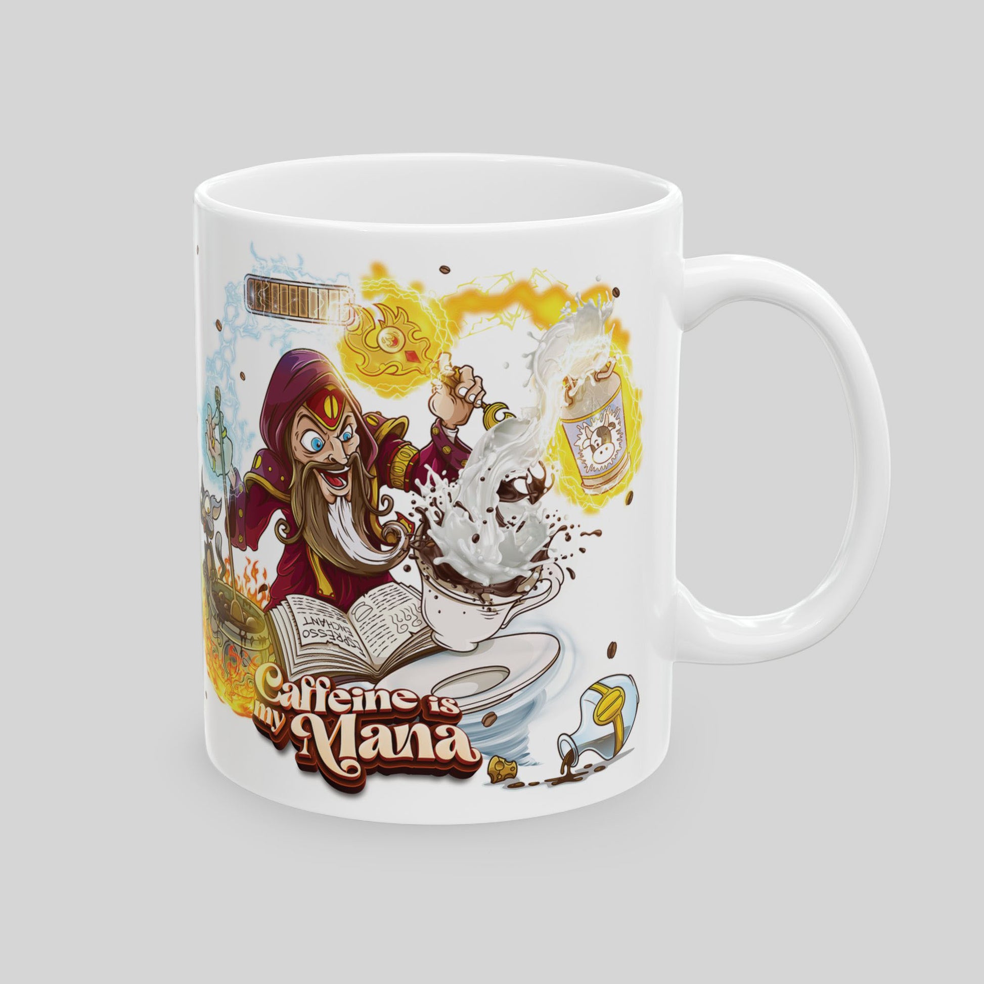 White 11 oz ceramic mug with cartoon wizard conjuring coffee from spellbook; floating beans; text: “Caffeine Is My Mana”