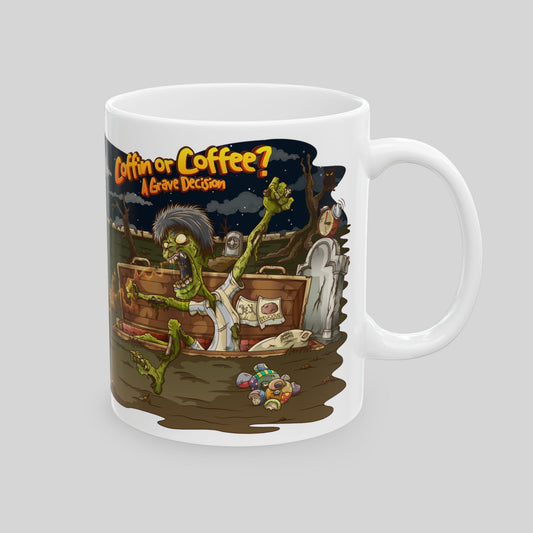 Mug with Halloween-themed design featuring a zombie and text 'Coffin or Coffee? A Grave Decision' on a white background.