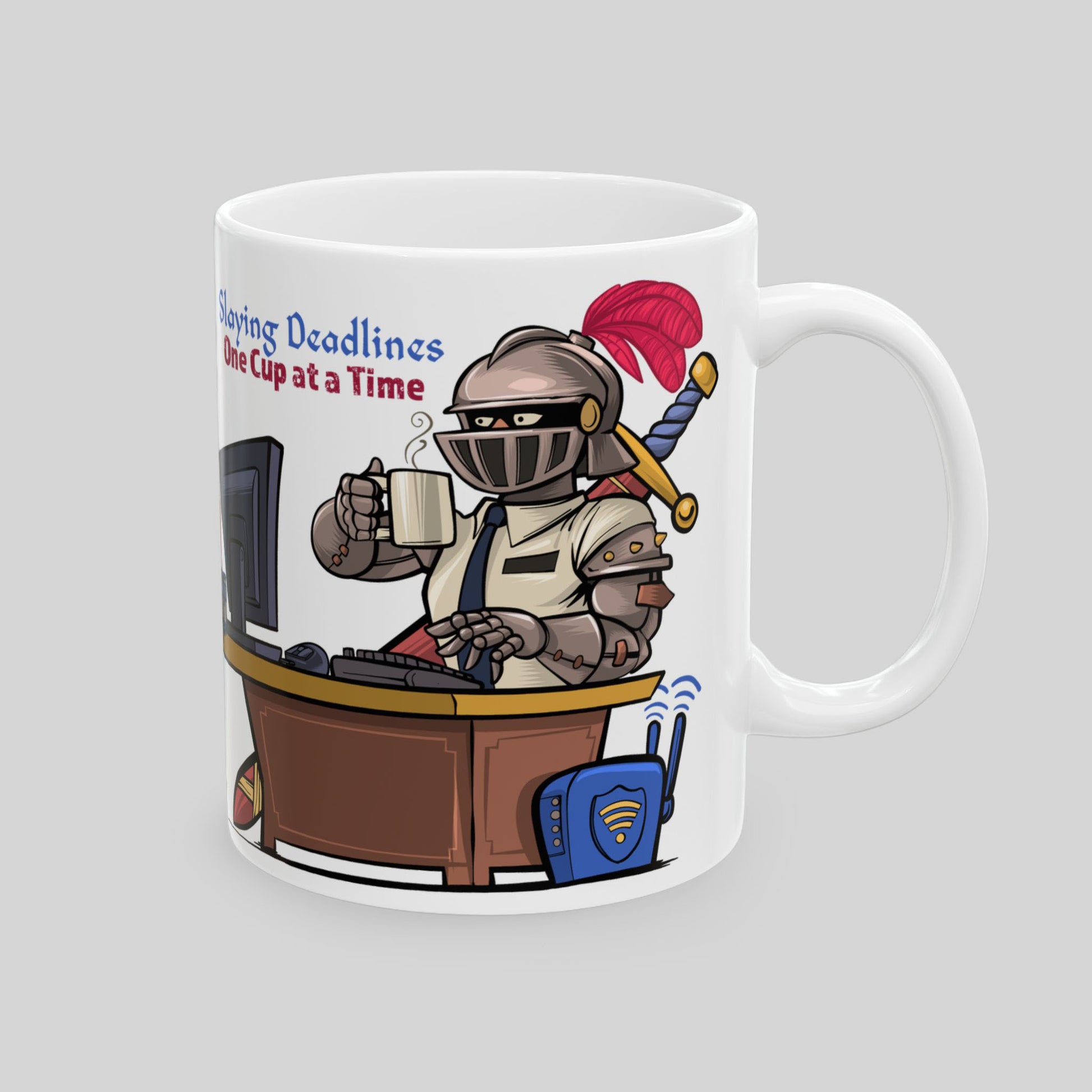 11 oz white mug with armored knight at computer holding coffee; text: “Slaying Deadlines One Cup at a Time”