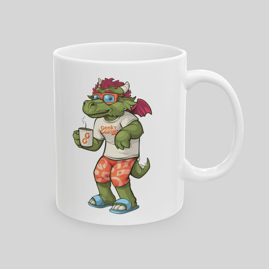 11 oz white ceramic mug with cartoon dragon in glasses and T-shirt holding a coffee cup