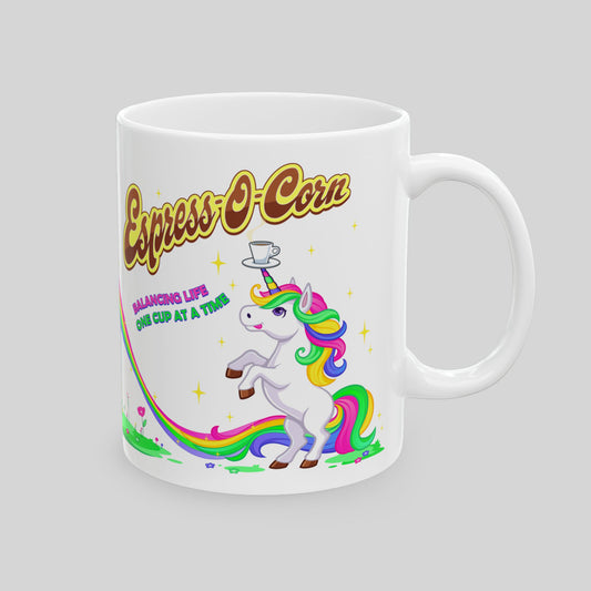 Mug with a colorful unicorn design and text on a gray background