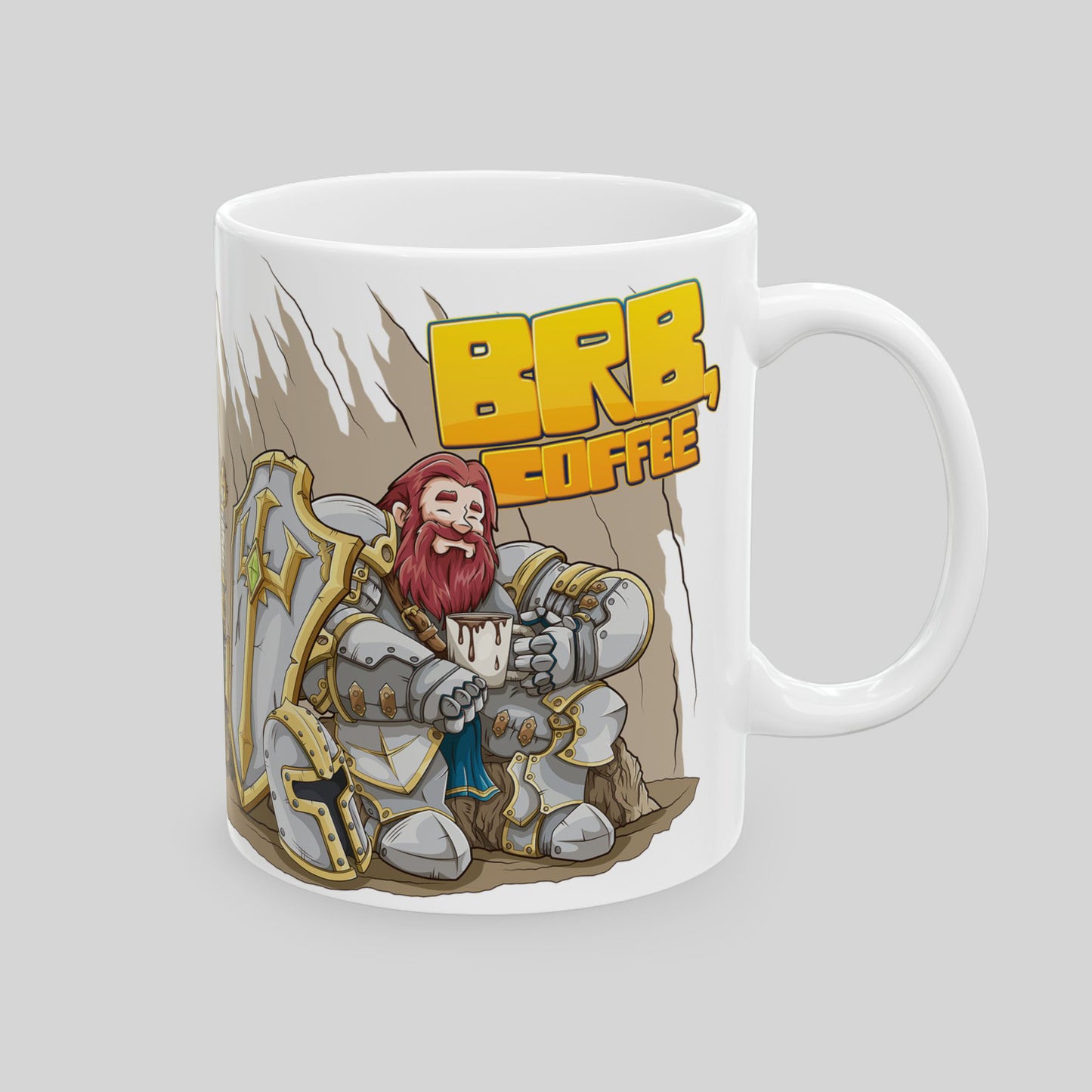 Mug with a cartoon knight holding a sword and shield, and 'BRB Coffee' text on a gray background