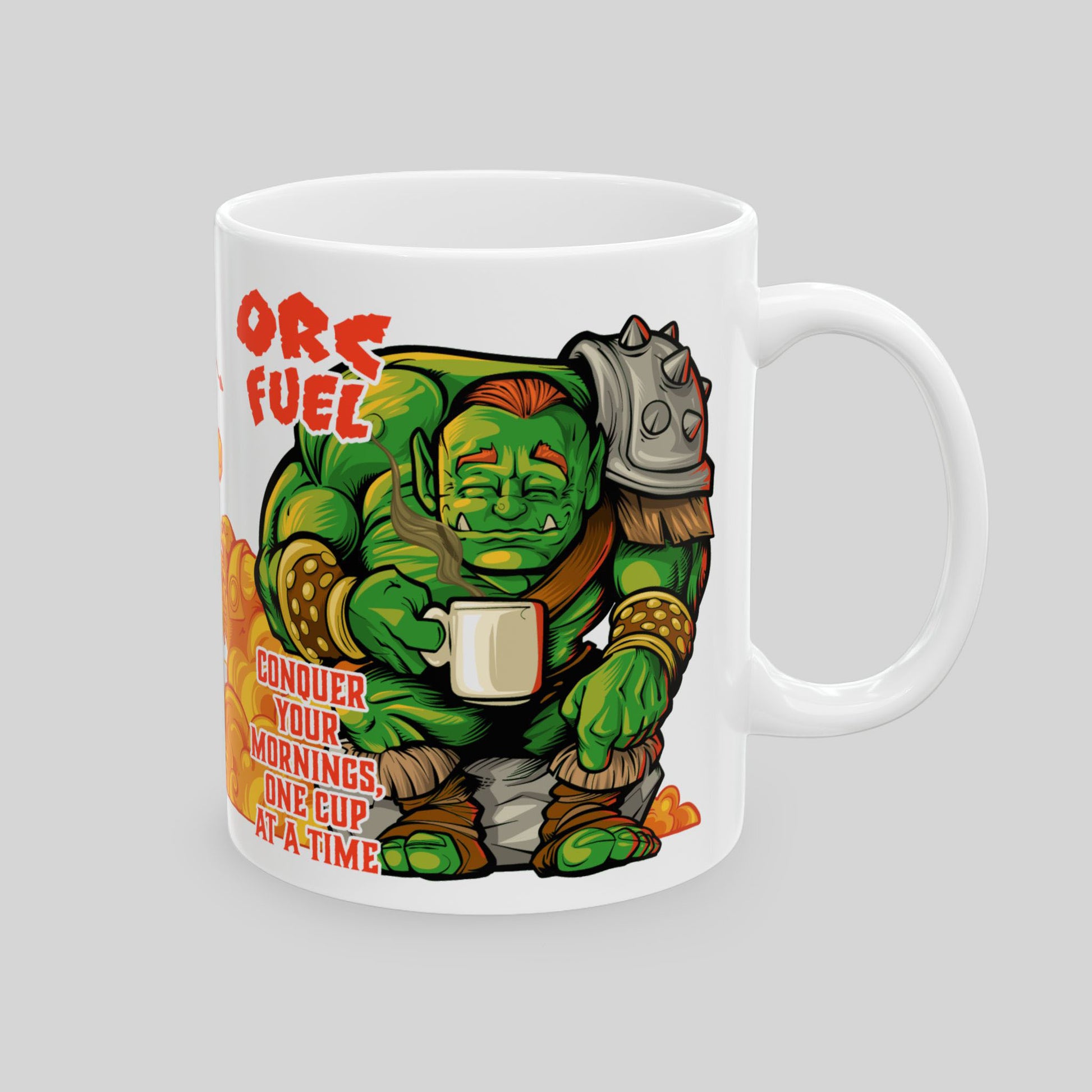 White ceramic fantasy mug with serene cartoon orc sipping steaming coffee, as a battle rages behind him in stark contrast