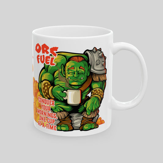 White ceramic fantasy mug with serene cartoon orc sipping steaming coffee, as a battle rages behind him in stark contrast