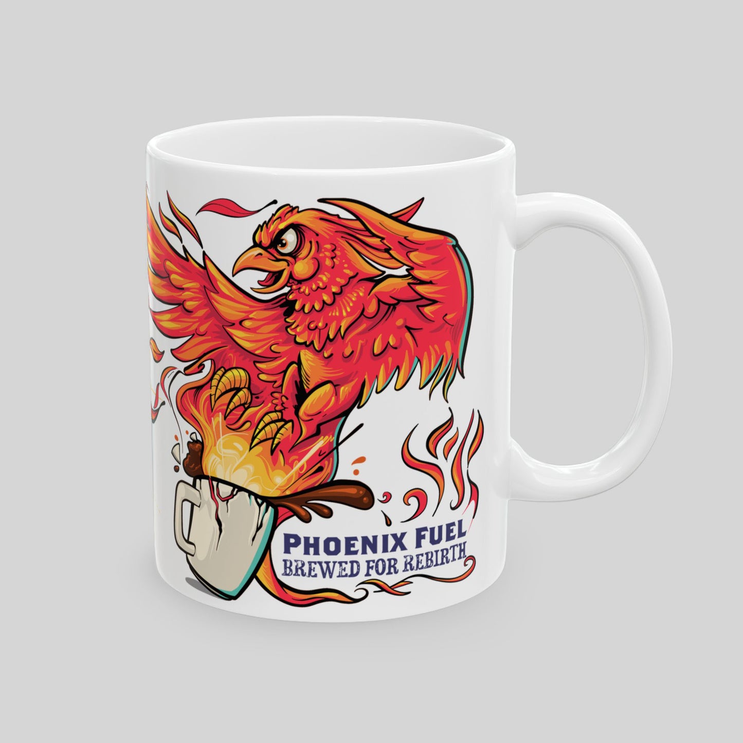 11 oz white ceramic mug with red-orange phoenix rising from steaming coffee; text: “Phoenix Fuel – Brewed for Rebirth”