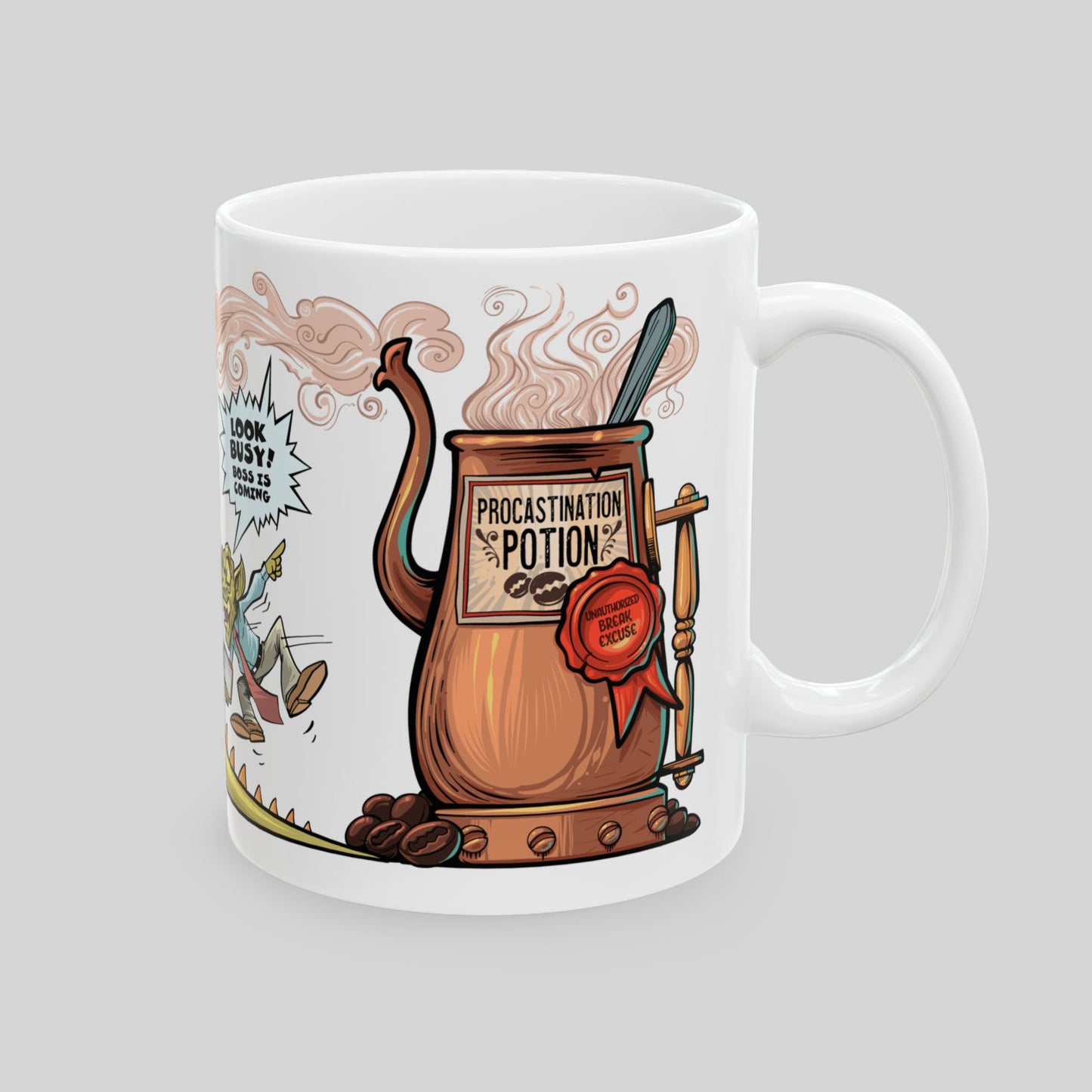 11oz Procrastination Potion mug view showing the steaming coffee pot illustration and 'Unauthorized Break Excuse' wax seal.