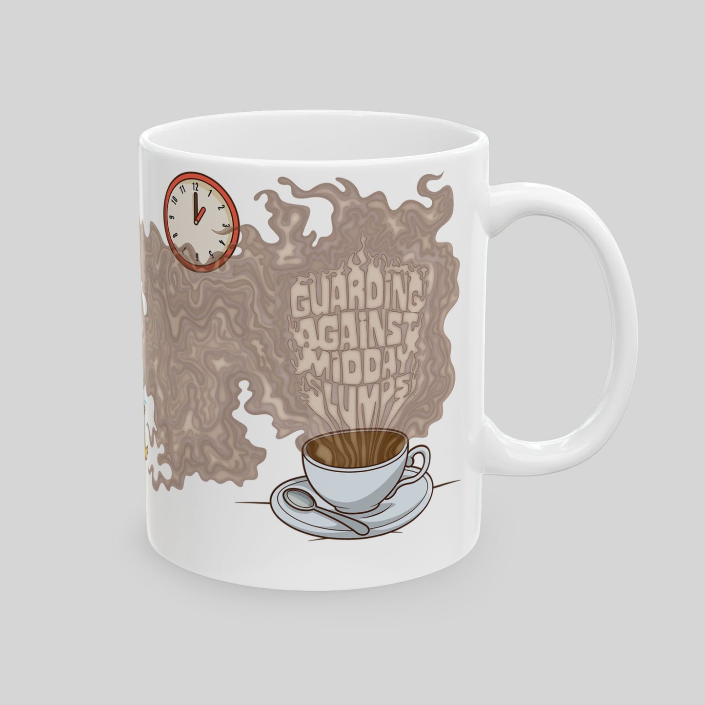 Mug with coffee cup design and text on a gray background