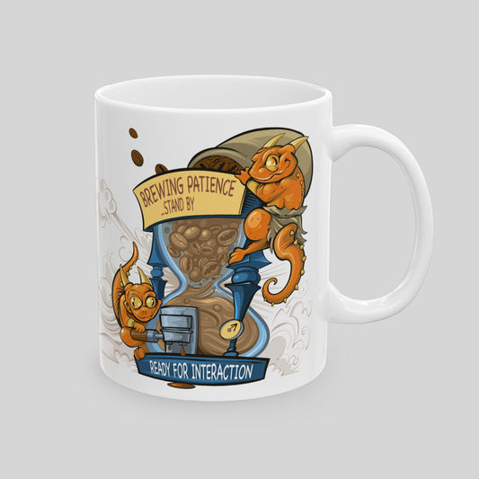 White mug with cartoon characters and brewing-themed design on a gray background