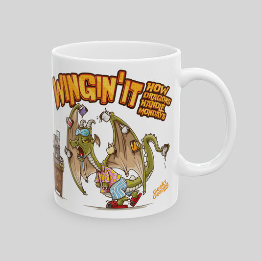 A white ceramic mug with a colorful illustration of a dragon juggling coffee cups and the text 'Wingin' it'.