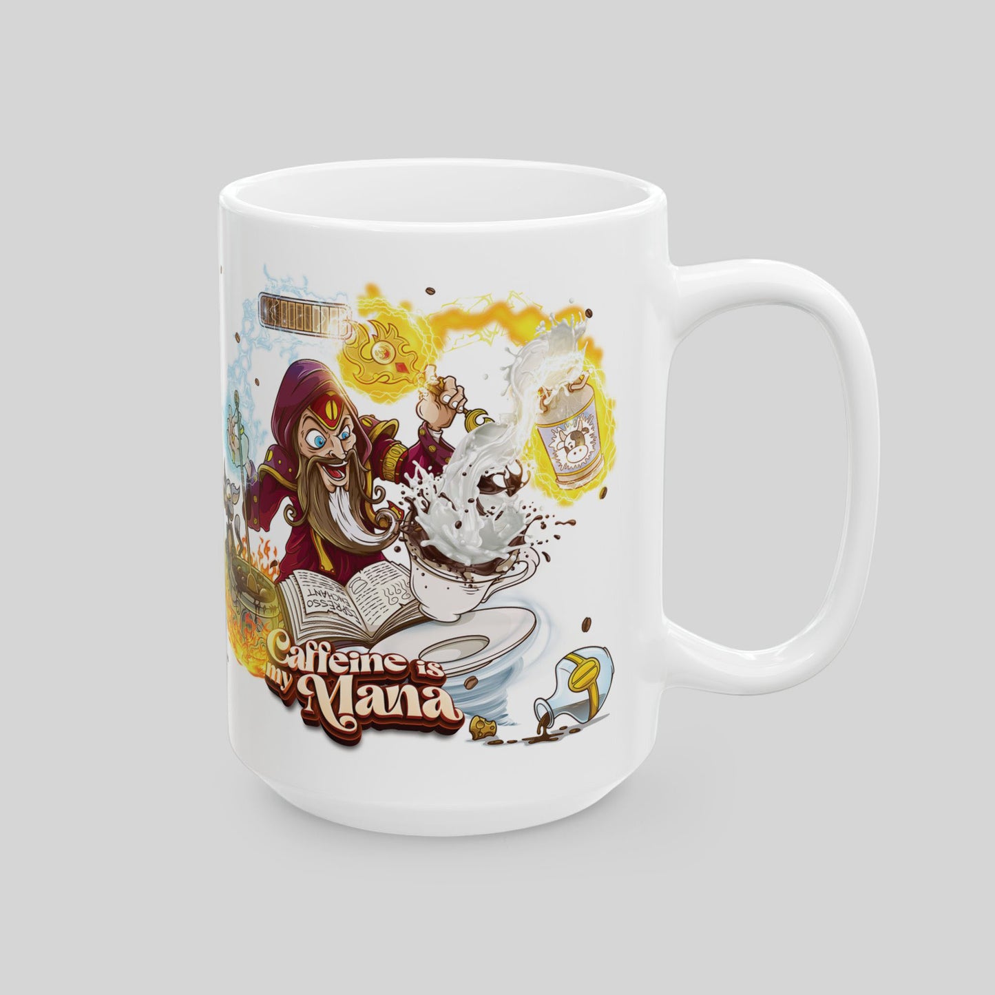 Side view of 15 oz white mug with cartoon wizard casting coffee spells; spellbook and grounds; text: “Caffeine Is My Mana”