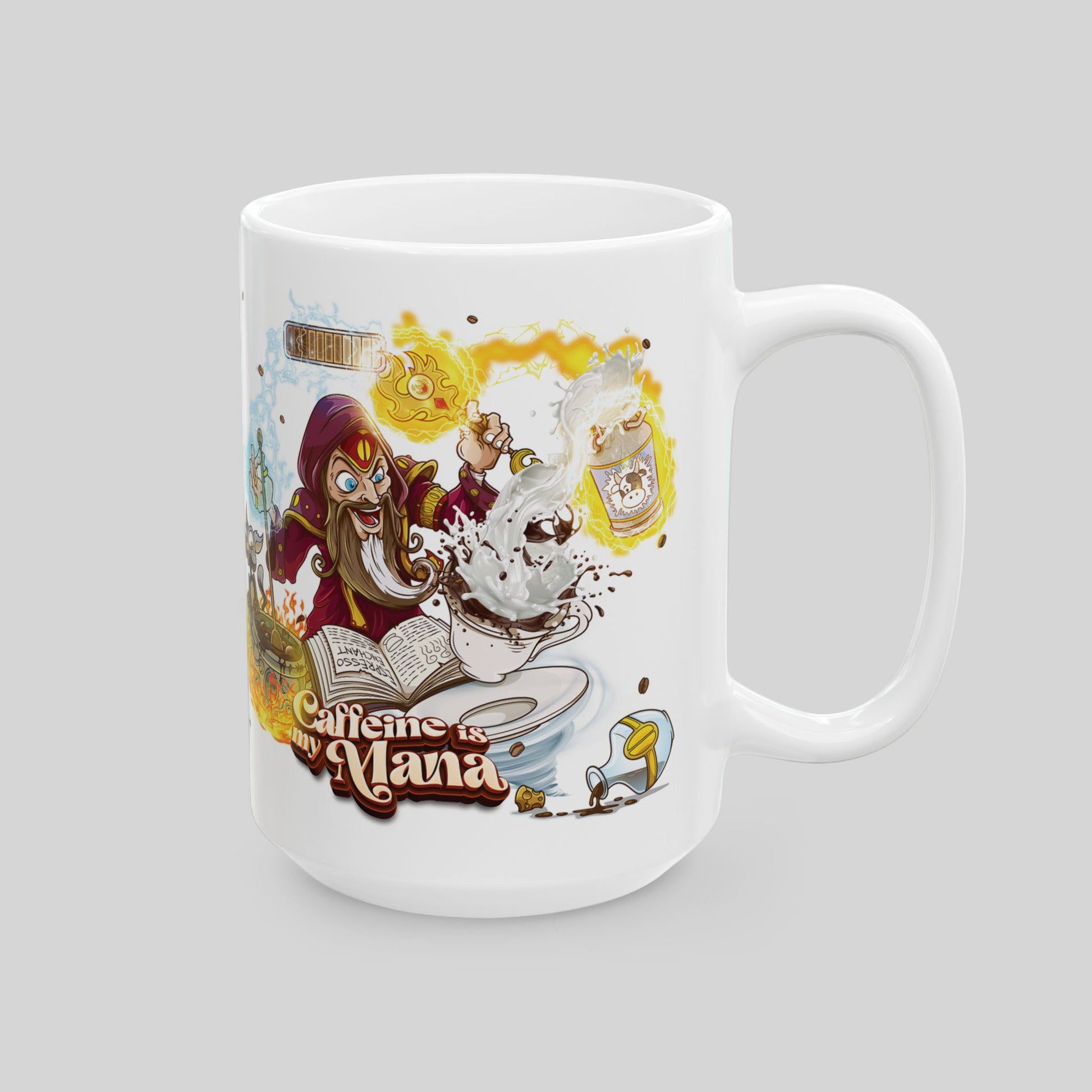 Side view of 15 oz white mug with cartoon wizard casting coffee spells; spellbook and grounds; text: “Caffeine Is My Mana”