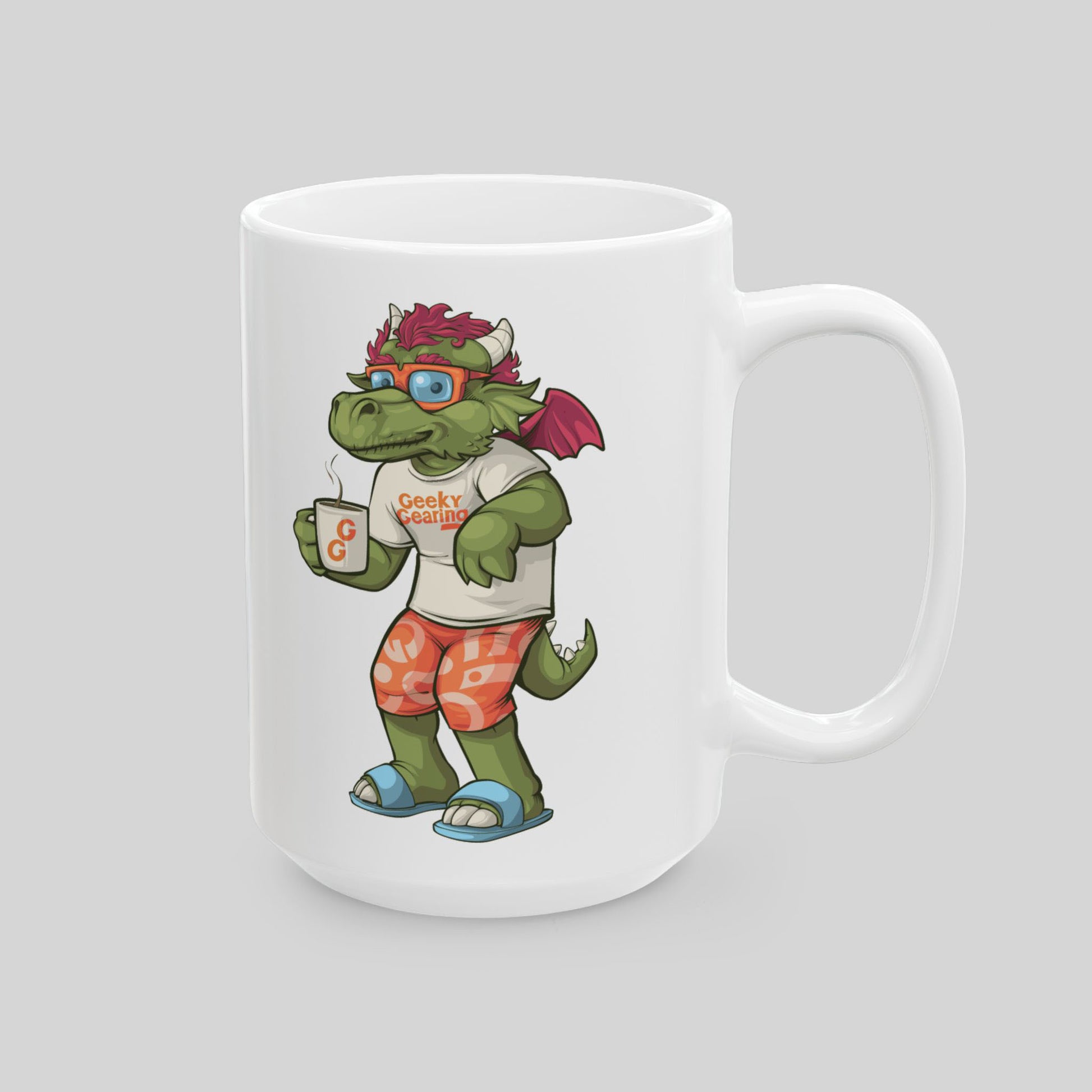 15 oz white ceramic mug with cartoon dragon in glasses and T-shirt holding a coffee cup