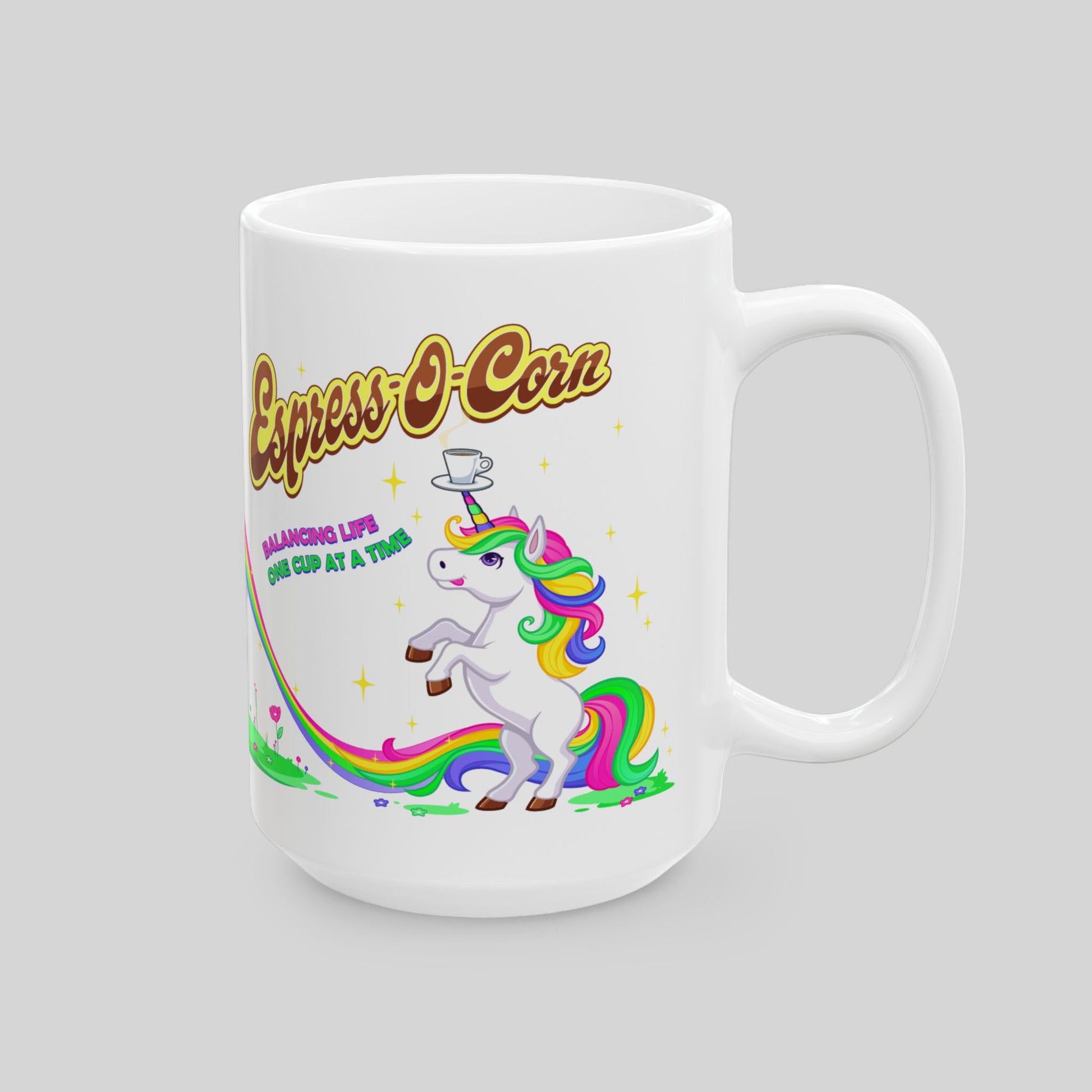 White mug with a colorful unicorn design and text on a gray background