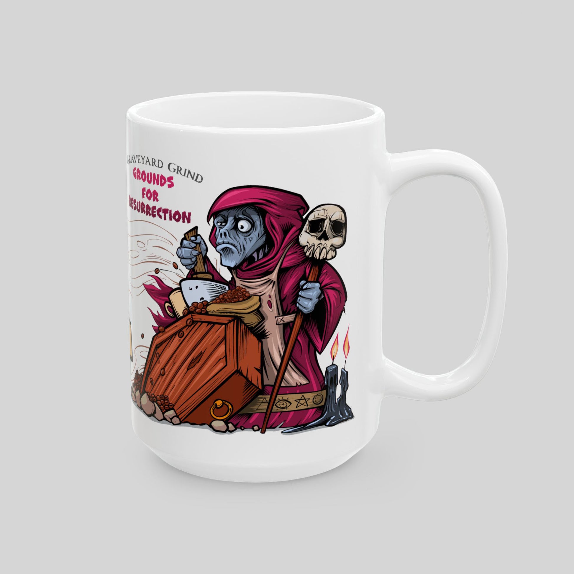 15 oz white mug with cartoon necromancer in red robe grinding coffee beans on a grave, on gray background.