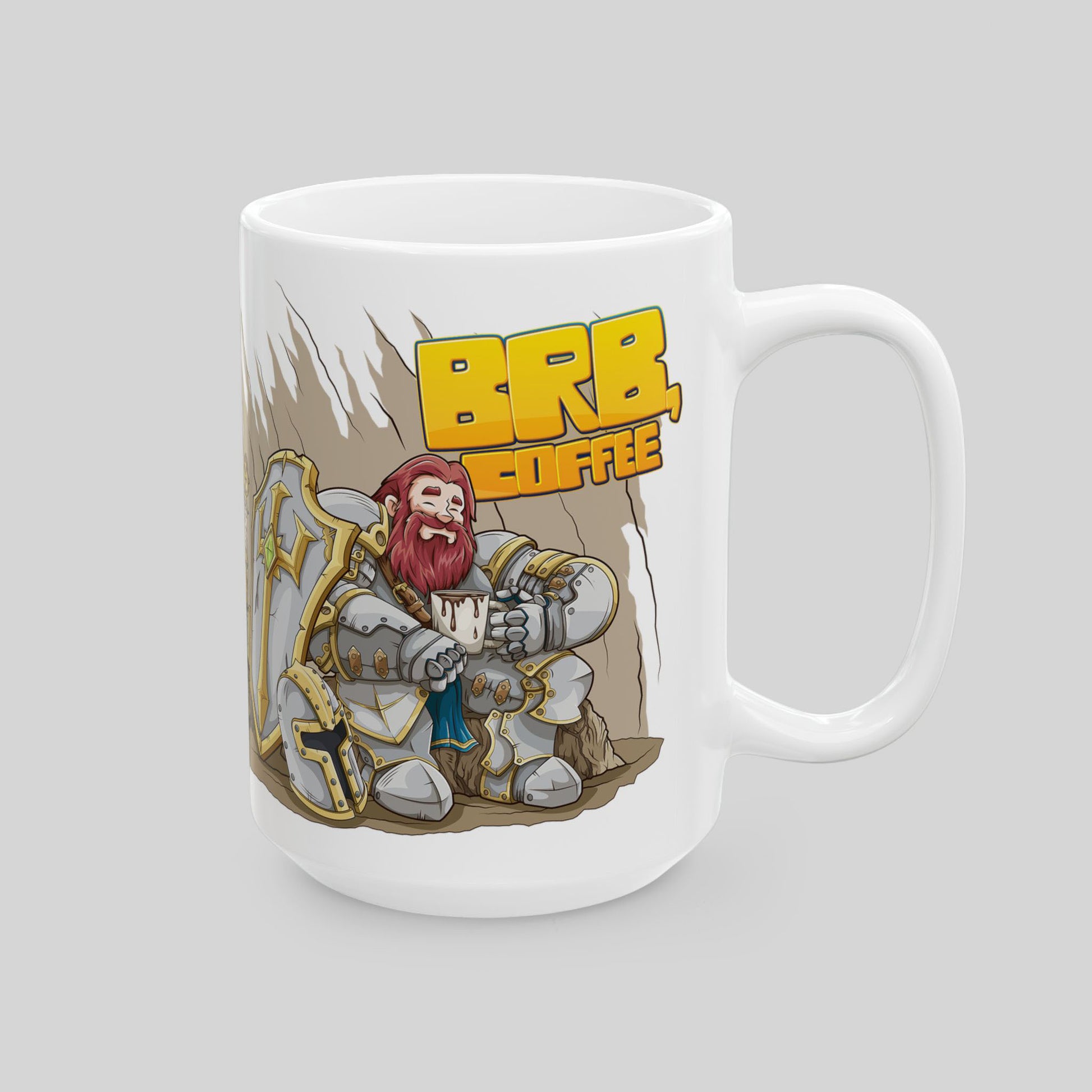 15 oz white ceramic mug with a cartoon knight and 'BRB Coffee' text on a gray background