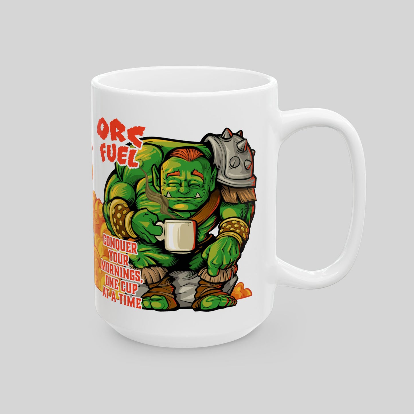 Mug with orc graphic and text on a gray background
