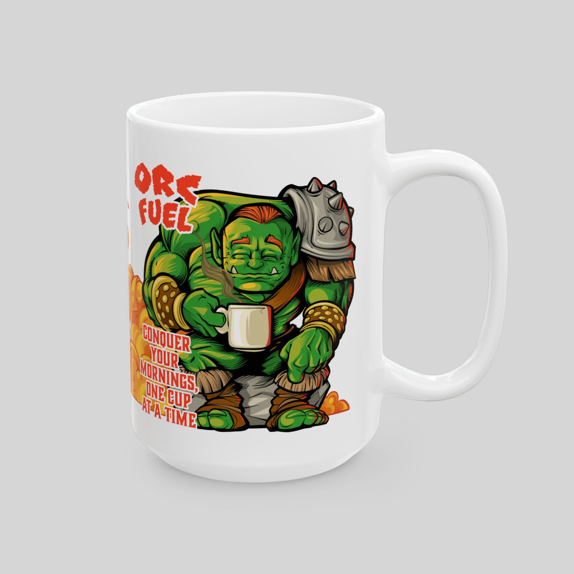 Mug with orc graphic and text on a gray background