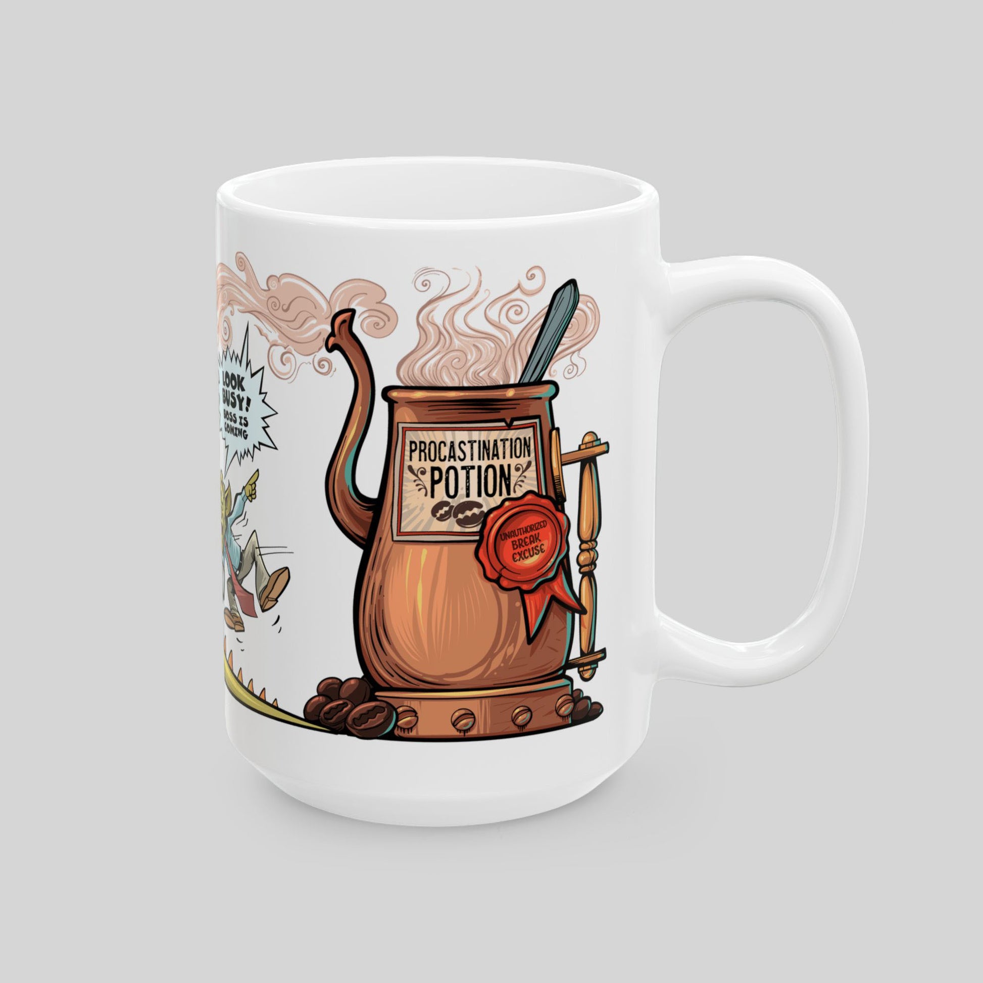 15oz Procrastination Potion mug view showing the steaming coffee pot illustration and 'Unauthorized Break Excuse' wax seal.