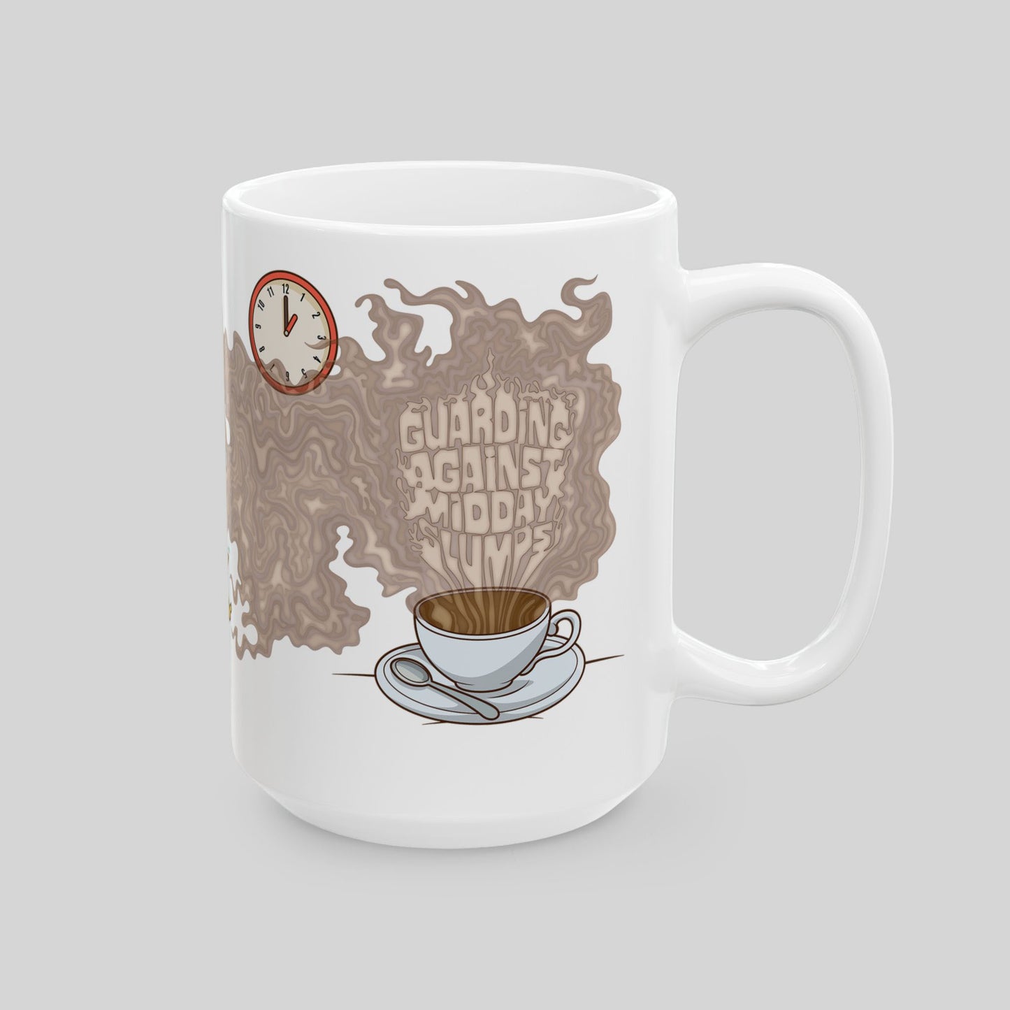 White mug with brown coffee-themed design on a gray background