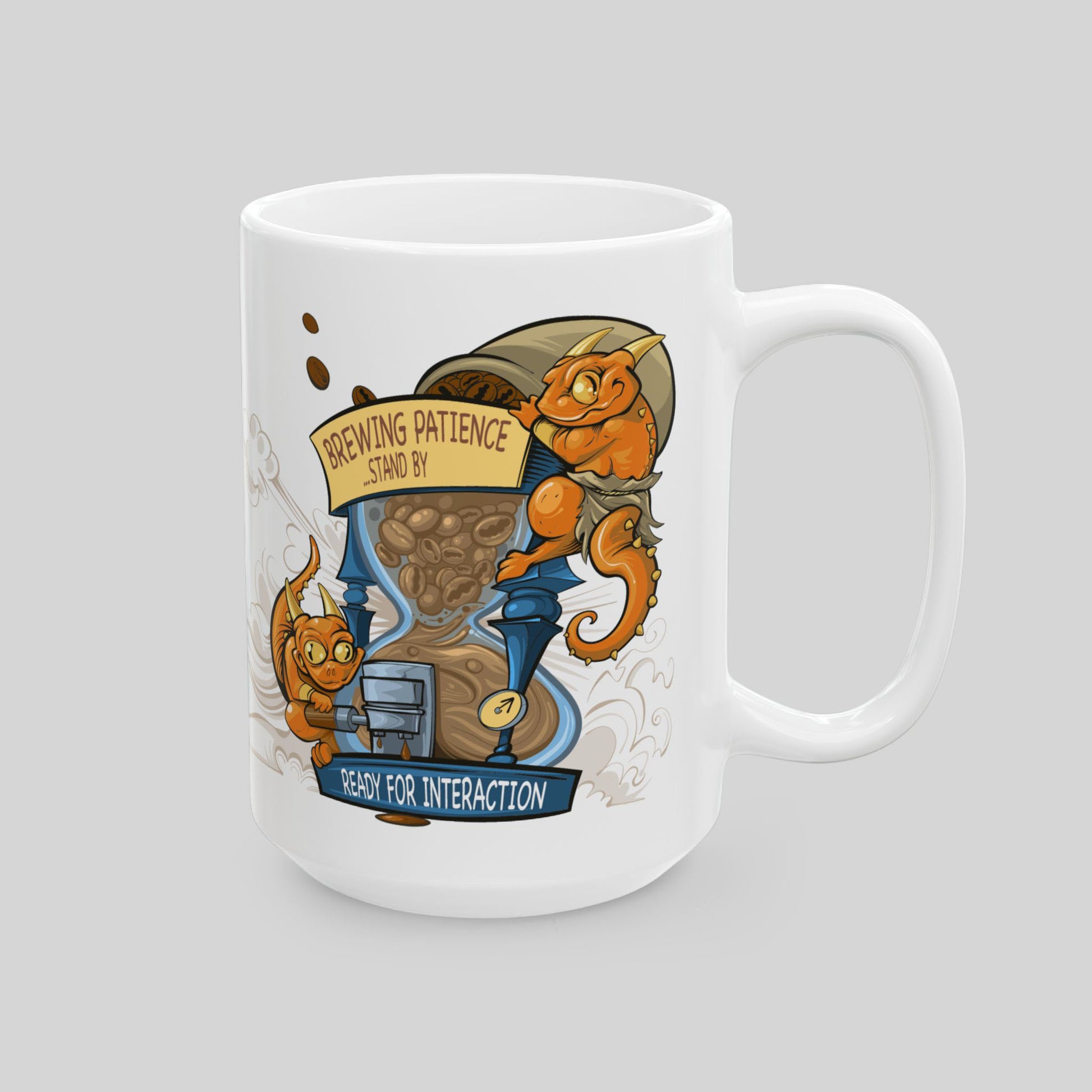 White mug with a cartoon design of kobolds brewing coffe on a gray background
