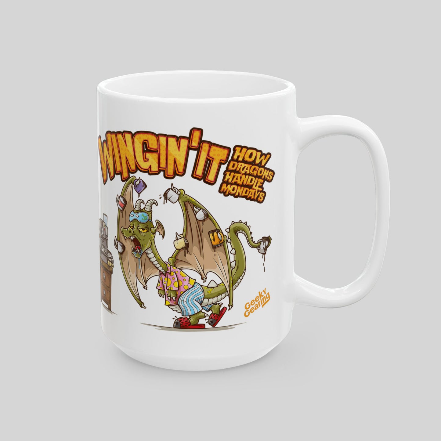 A white ceramic mug with a colorful cartoon illustration of a dragon juggling coffee cups and the text 'Wingin' it'.