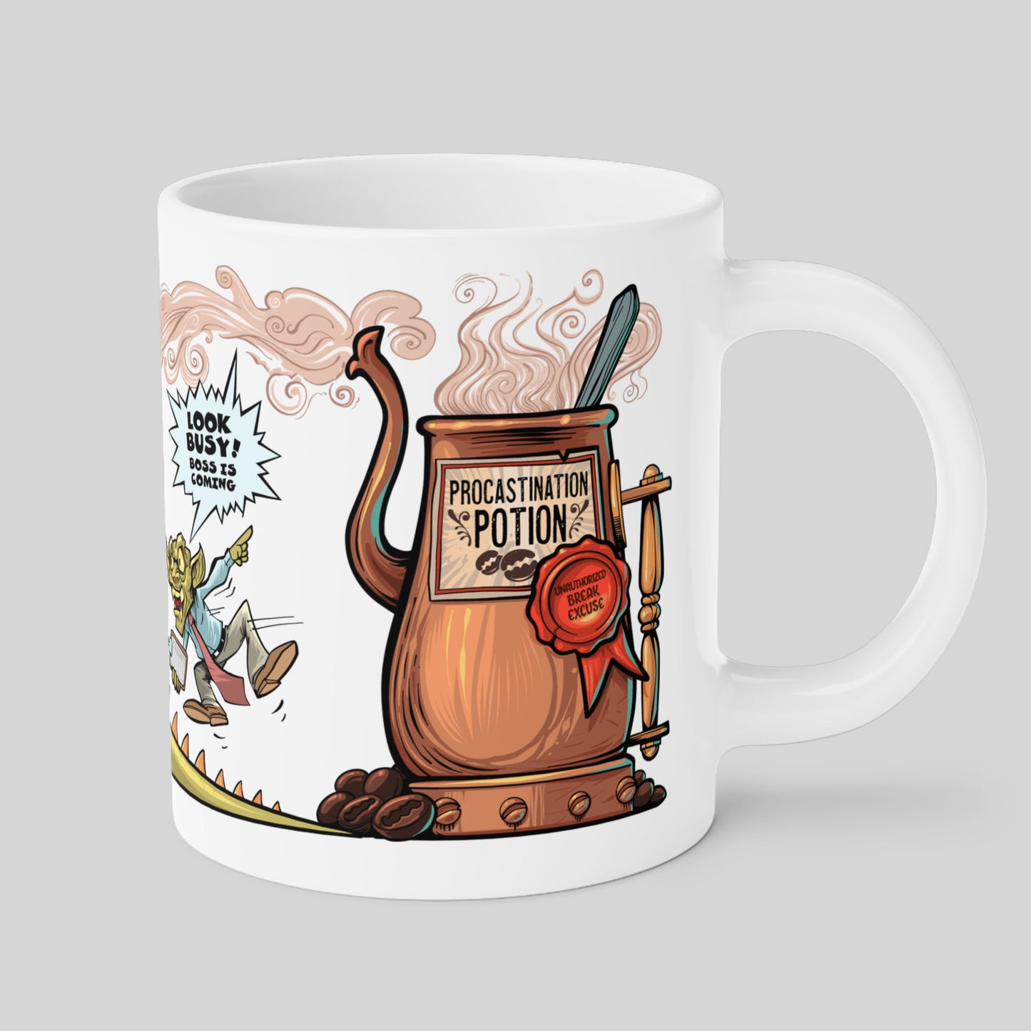 20oz Procrastination Potion mug view showing the steaming coffee pot illustration and 'Unauthorized Break Excuse' wax seal.