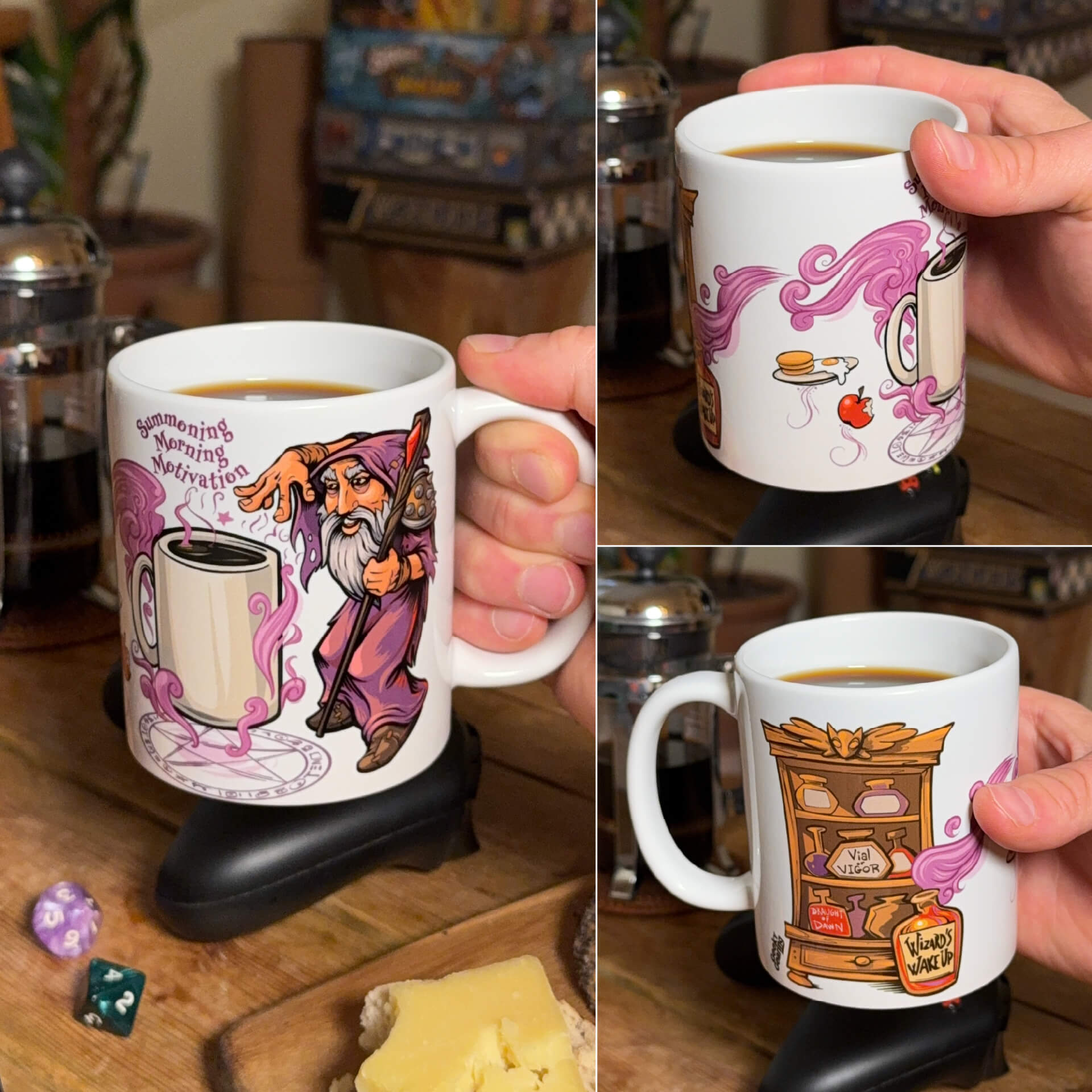 Collage of a mug with cartoon wizard and coffee ritual, held by a person.