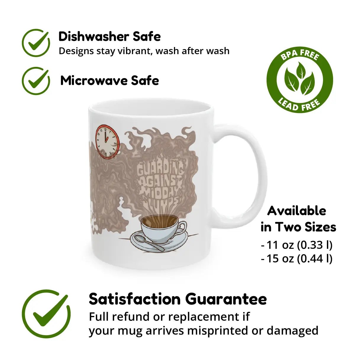 White ceramic mug with steam artwork forming the words “Guarding Against Midday Slumps,” alongside a clock and a coffee cup illustration. Product highlights include: dishwasher safe, microwave safe, BPA and lead free, available in two sizes (11 oz and 15 oz), and backed by a satisfaction guarantee offering a full refund or replacement if misprinted or damaged.