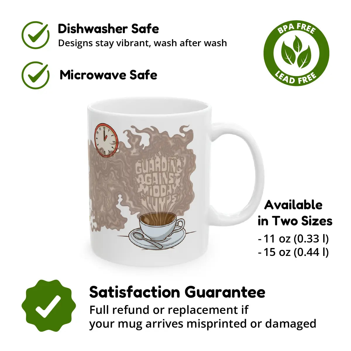 White ceramic mug with steam artwork forming the words “Guarding Against Midday Slumps,” alongside a clock and a coffee cup illustration. Product highlights include: dishwasher safe, microwave safe, BPA and lead free, available in two sizes (11 oz and 15 oz), and backed by a satisfaction guarantee offering a full refund or replacement if misprinted or damaged.