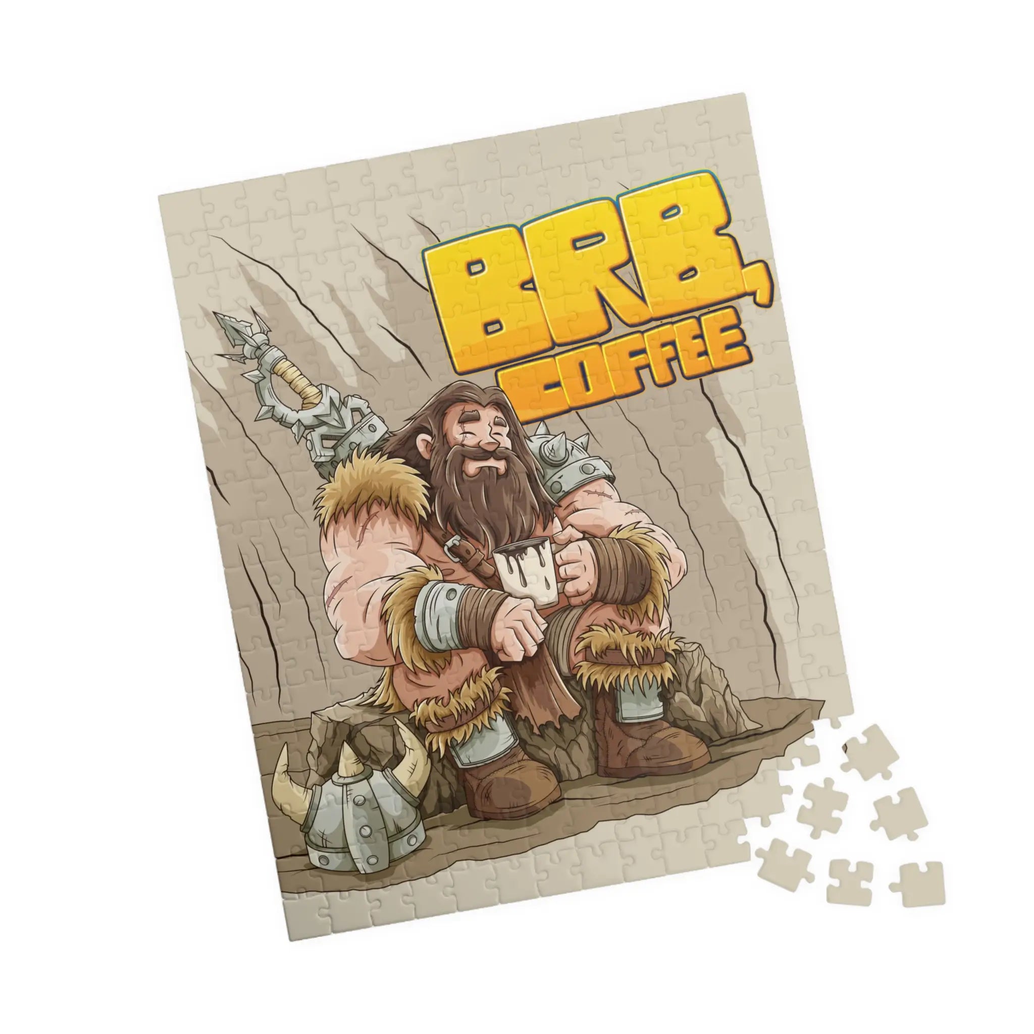 Finished Barbarian’s Coffee Break puzzle (252 pieces) tilted left, barbarian artwork centered, a few pieces loose at the edge
