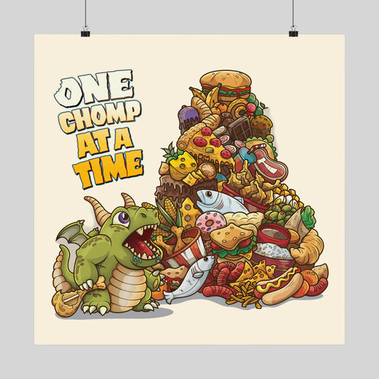 Funny baby dragon poster: a tiny dragon eyeing a mountain of junk food, 'One Chomp at a Time', hand-drawn wall art.