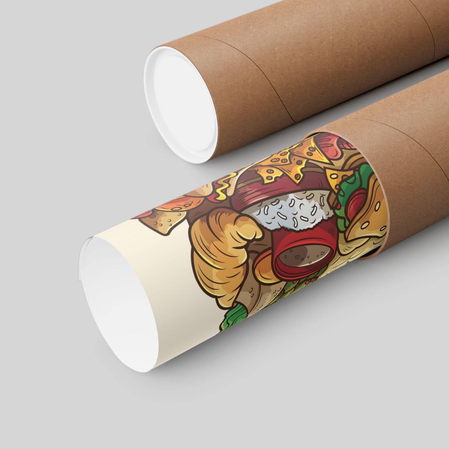 Funny baby dragon poster rolled in a protective mailing tube, hand-drawn wall art.