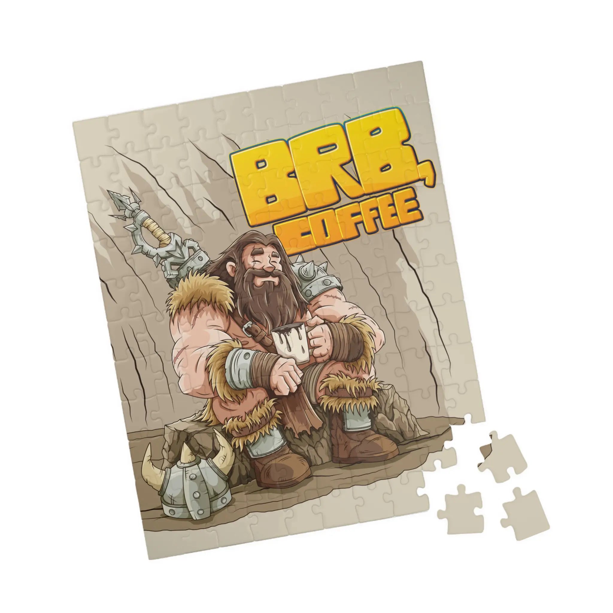 Angled view of finished Barbarian’s Coffee Break jigsaw  110 pcs with a few loose corner pieces for scale