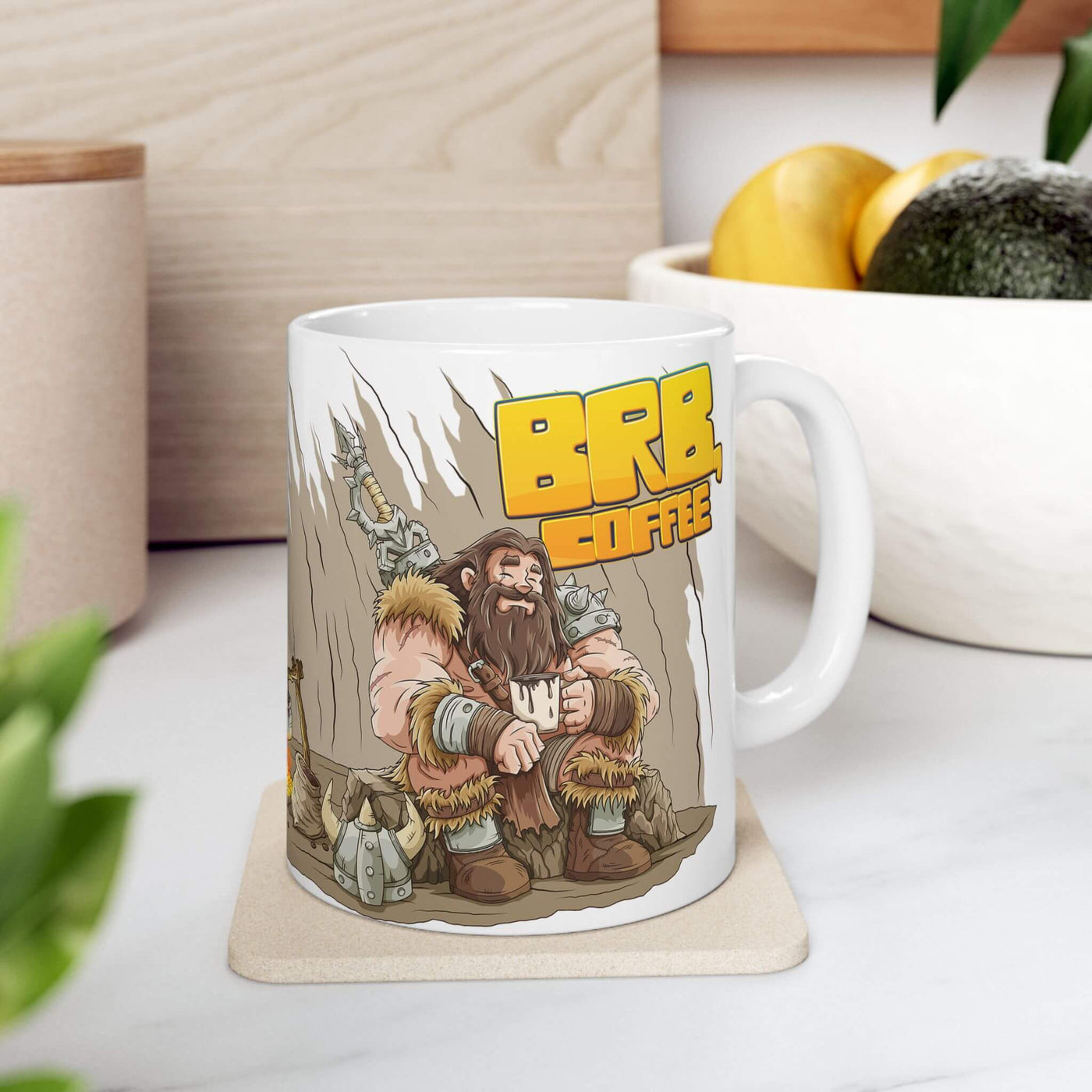 Funny barbarian coffee mug: a burly warrior blissfully cradling a tiny coffee cup, 'BRB, Coffee', hand-drawn art.