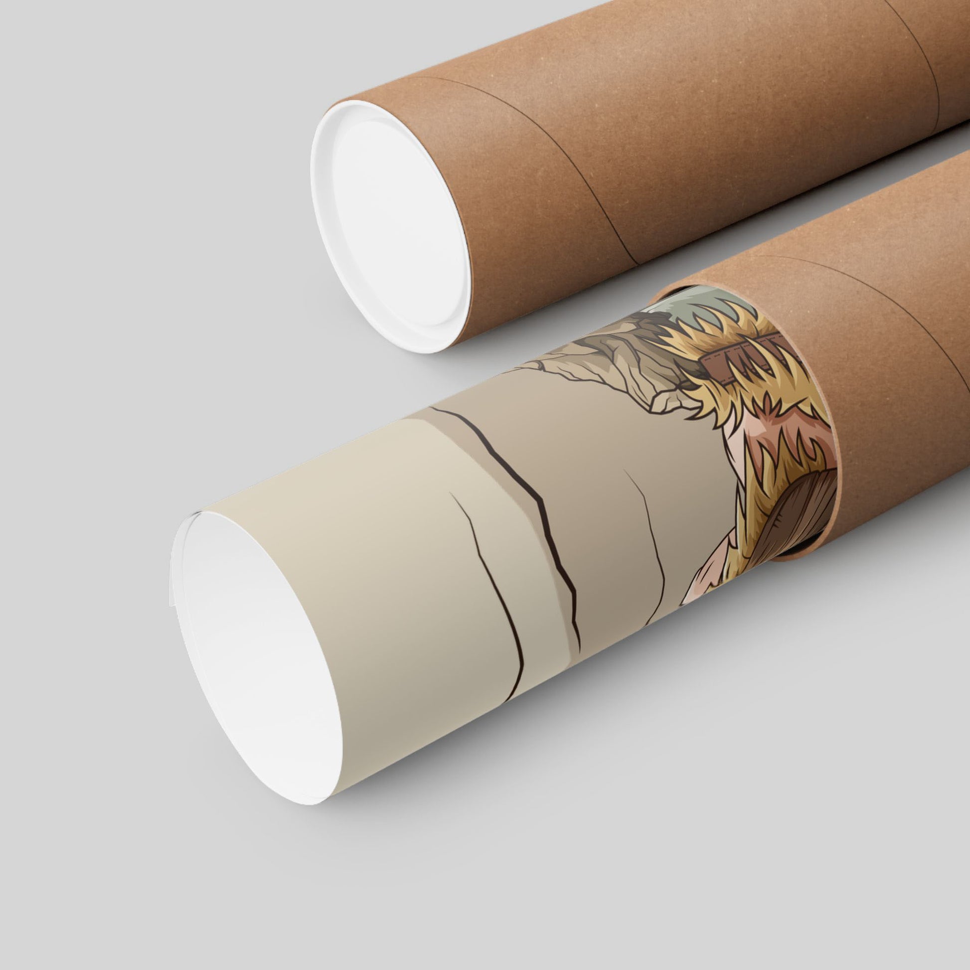 Funny barbarian coffee poster rolled in a protective mailing tube, hand-drawn wall art.