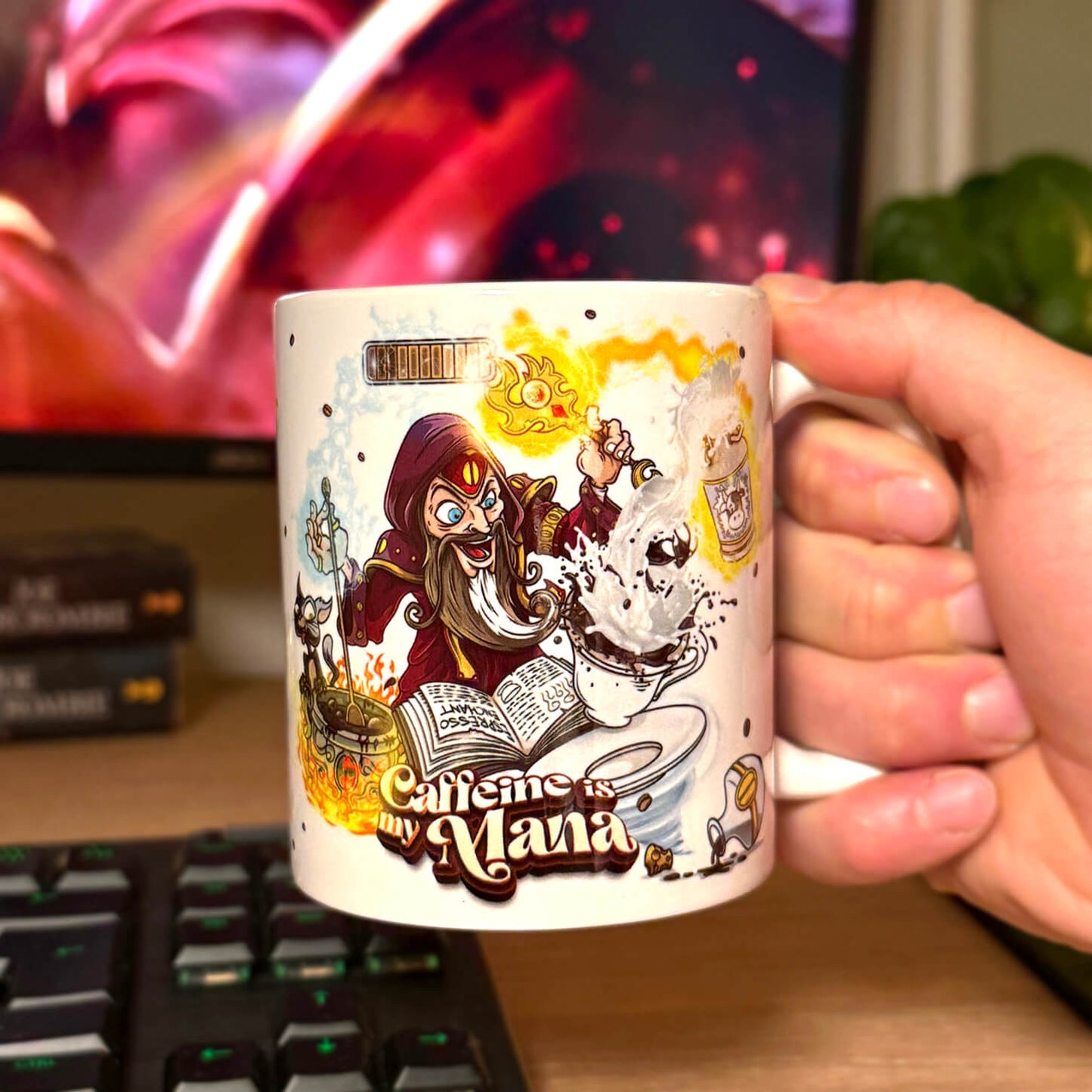 Funny wizard fantasy coffee mug: a mage conjuring coffee below a mana bar, 'Caffeine Is My Mana', hand-drawn art.