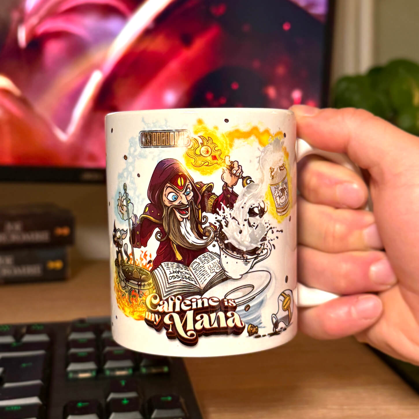 Funny wizard fantasy coffee mug: a mage conjuring coffee below a mana bar, 'Caffeine Is My Mana', hand-drawn art.