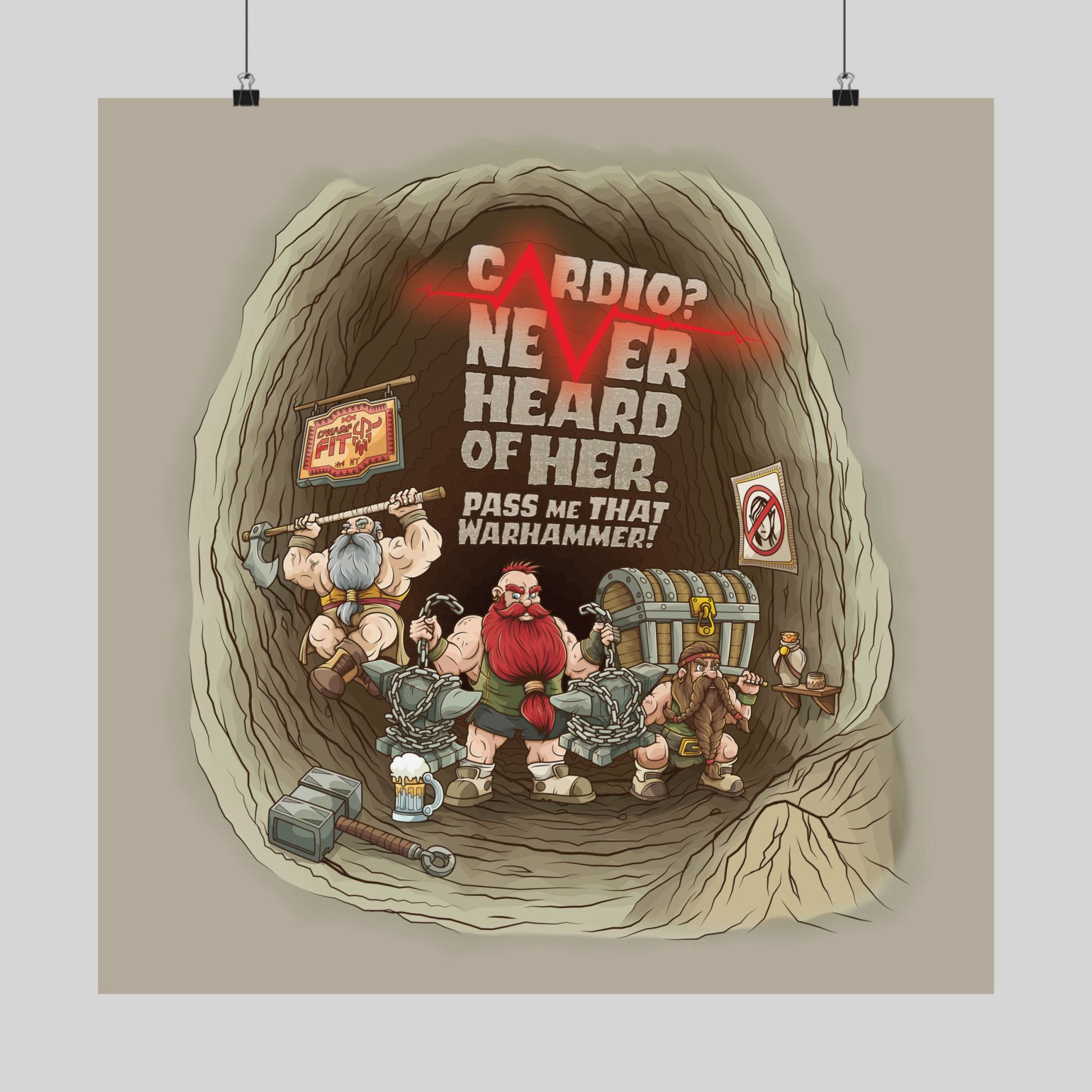 Funny dwarf gym poster: muscular dwarves, 'Cardio? Never Heard of Her. Pass Me That Warhammer!', hand-drawn wall art.