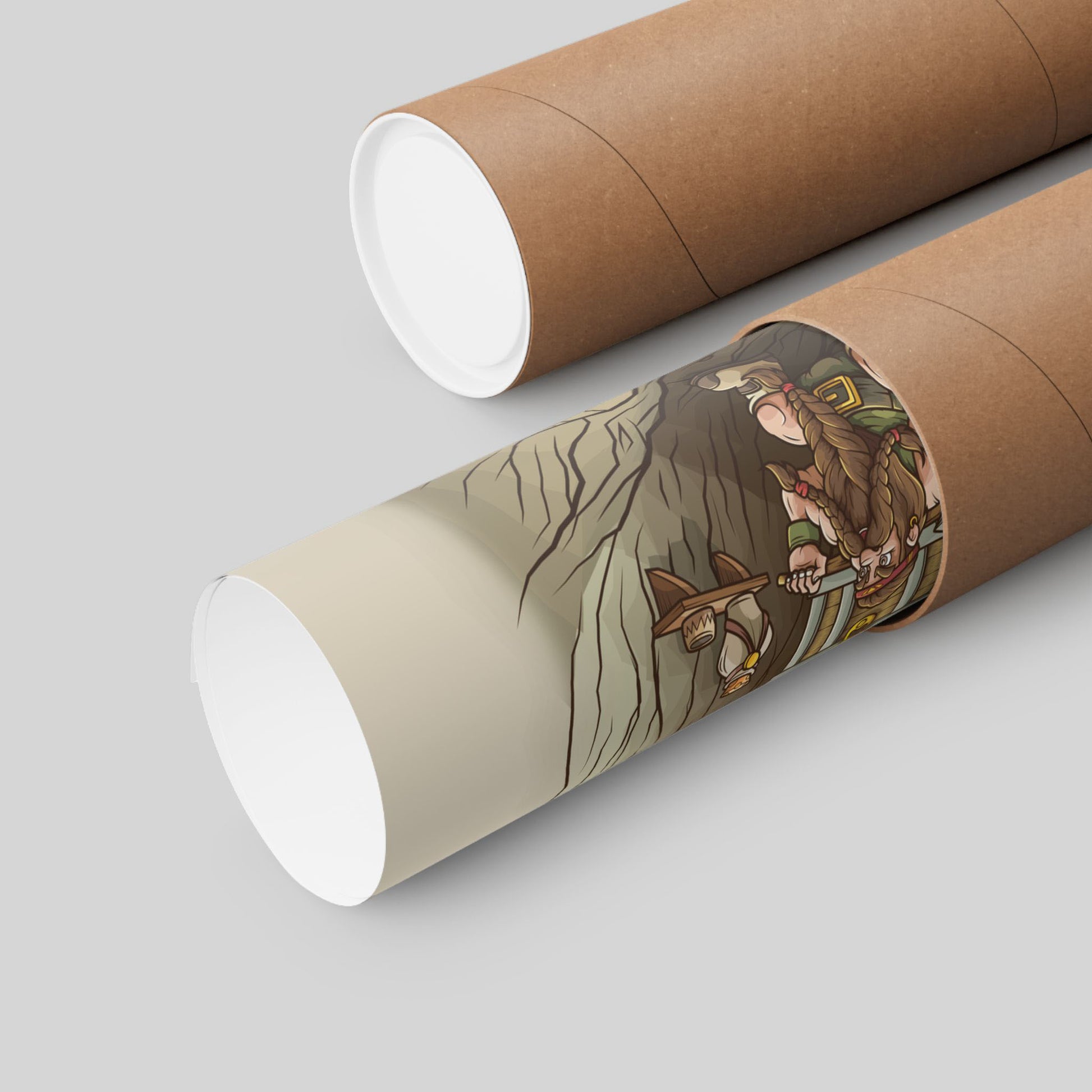 Funny dwarf gym poster rolled in a protective mailing tube, hand-drawn wall art.