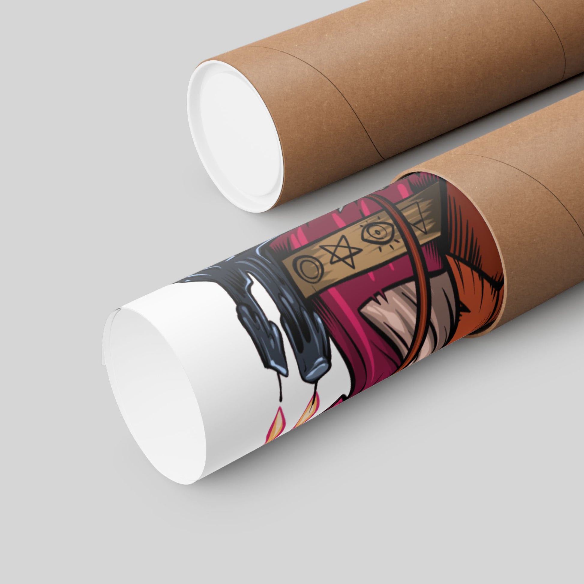 Funny necromancer coffee poster rolled in a protective mailing tube, hand-drawn wall art.