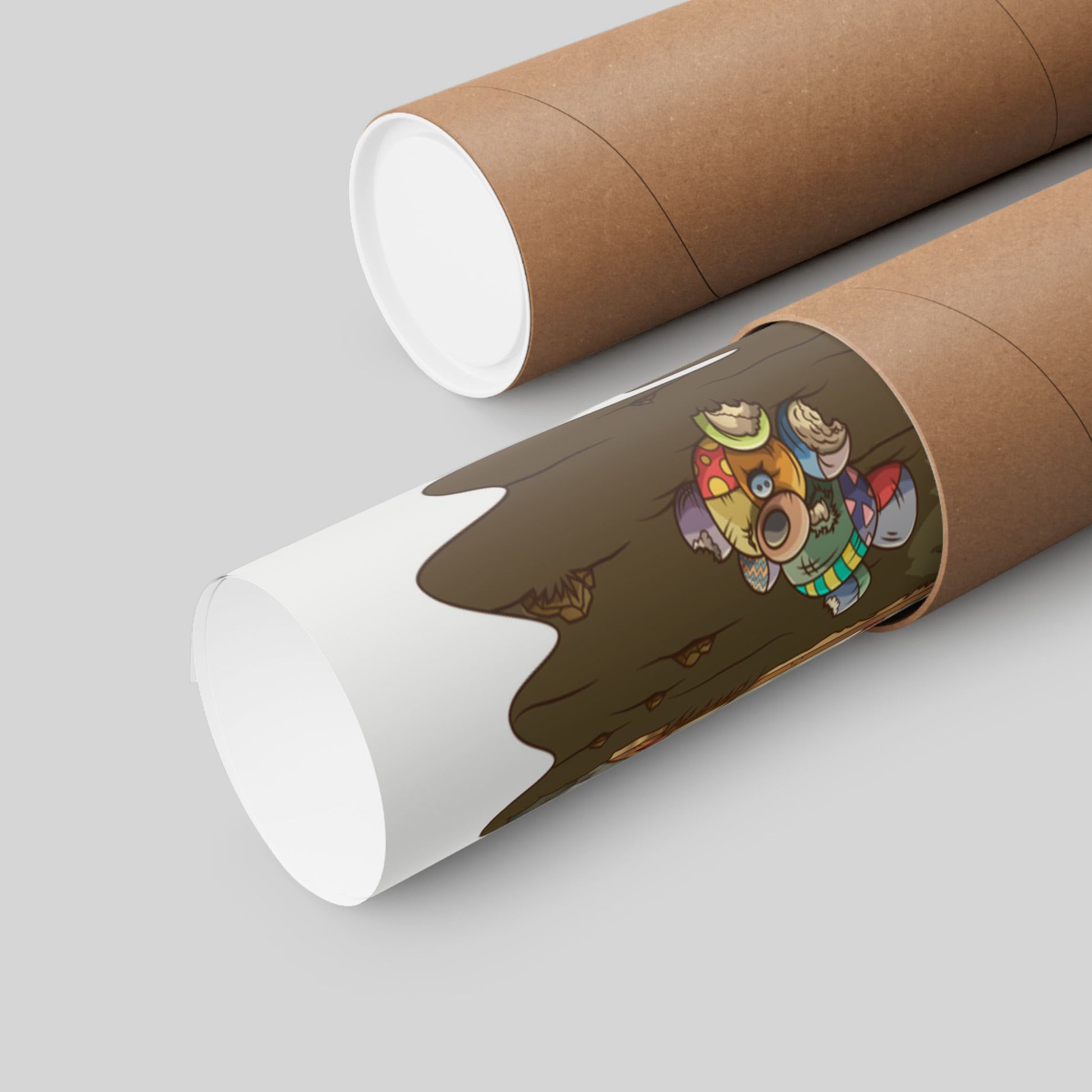 Funny zombie coffee poster rolled in a protective mailing tube, hand-drawn wall art.