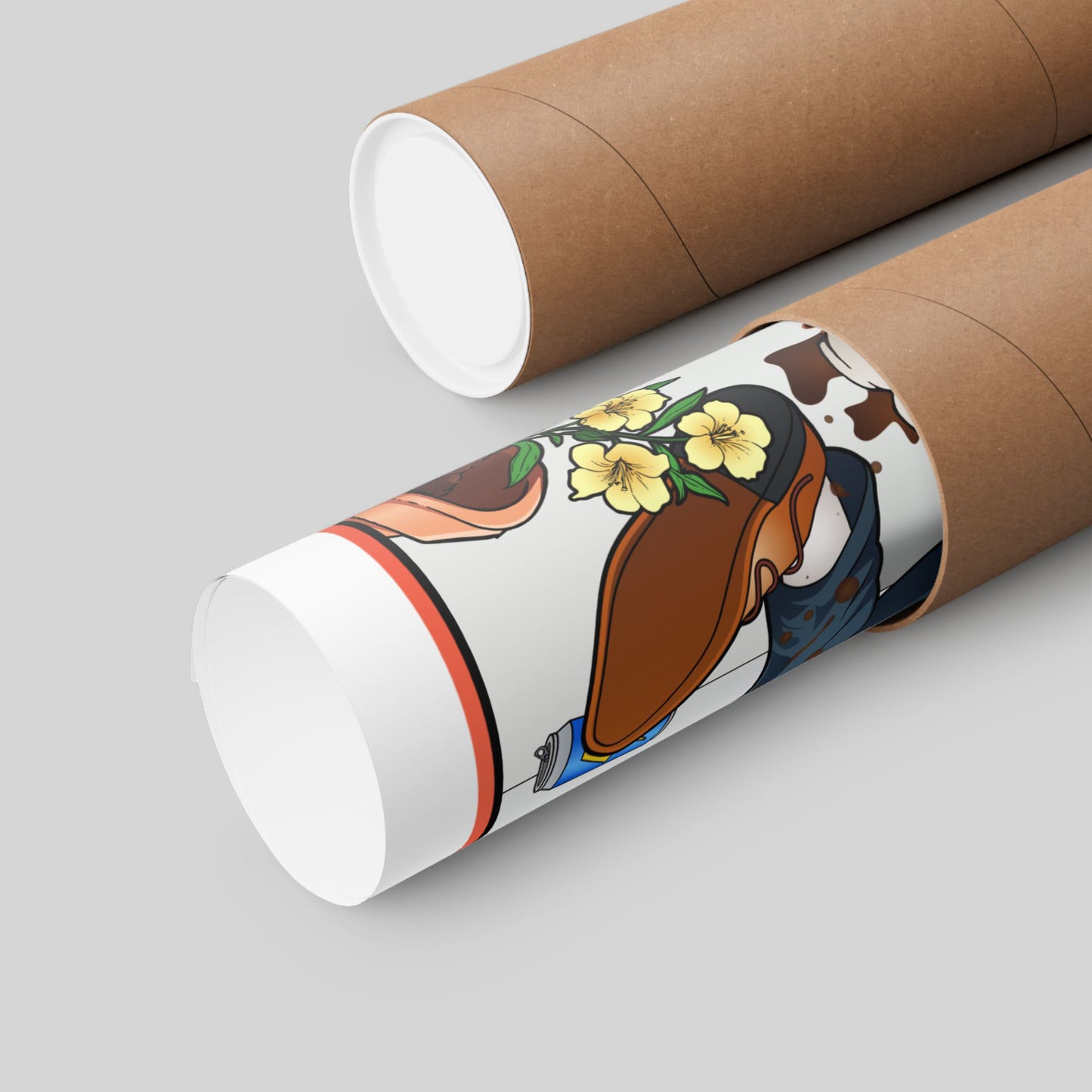 Funny tabletop RPG poster rolled in a protective mailing tube, hand-drawn wall art.