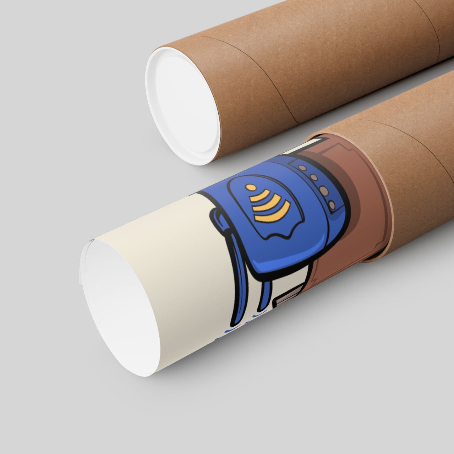 Funny office poster rolled in a protective mailing tube, hand-drawn wall art.