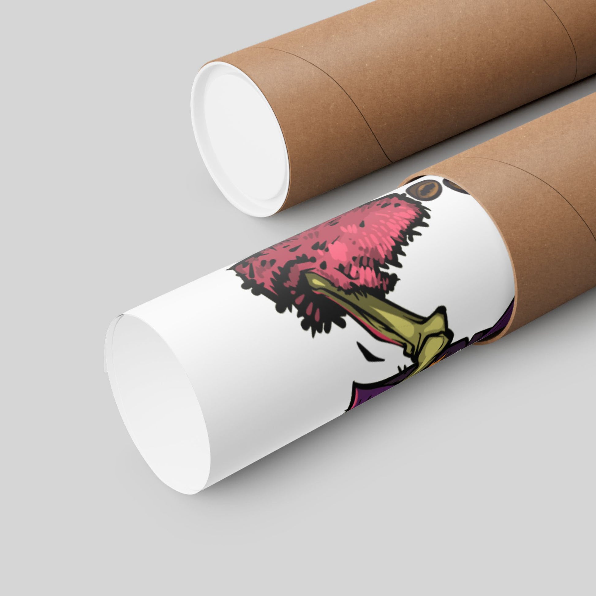 Funny zombie coffee poster rolled in a protective mailing tube, hand-drawn wall art.