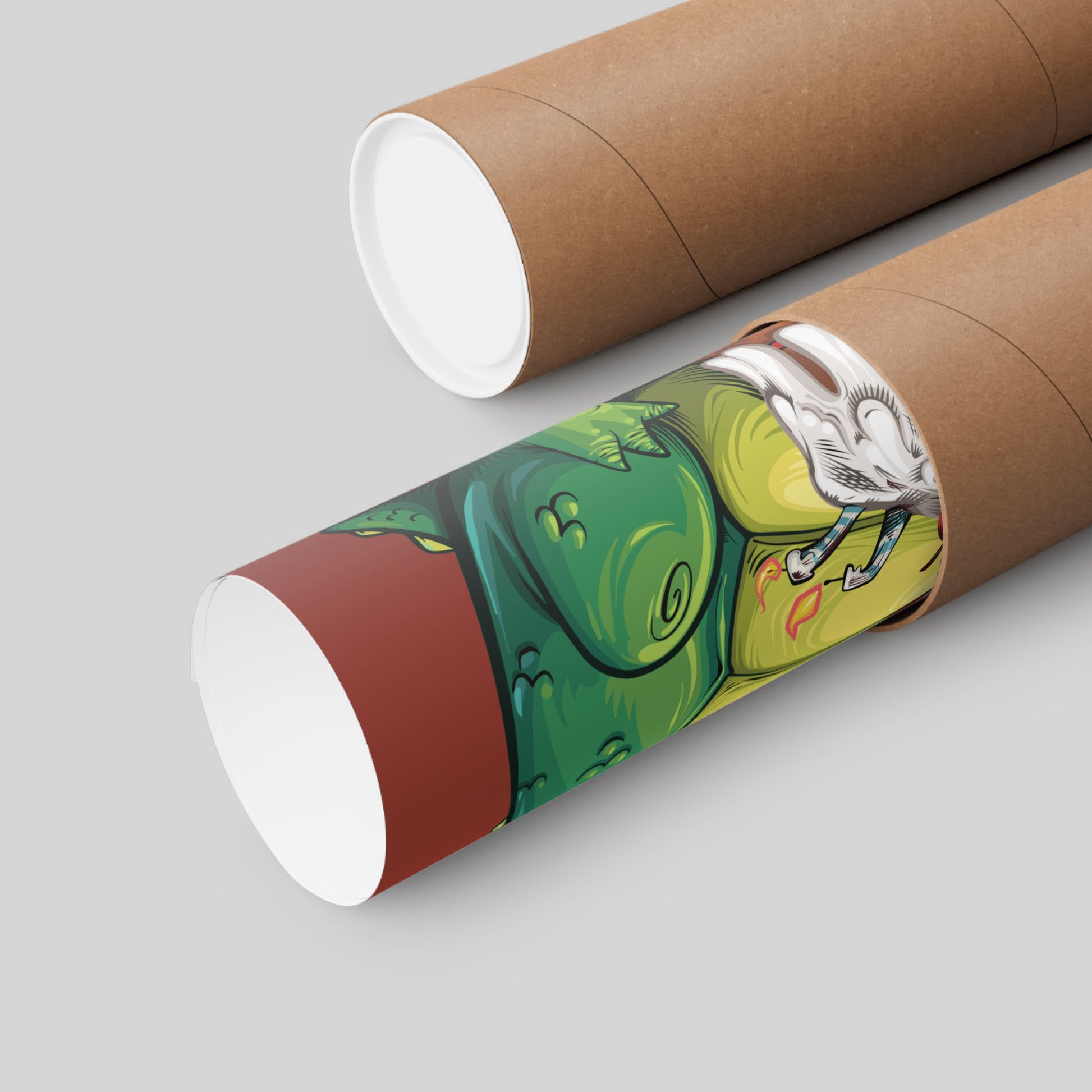 Funny dragon birthday poster rolled in a protective mailing tube, hand-drawn wall art.