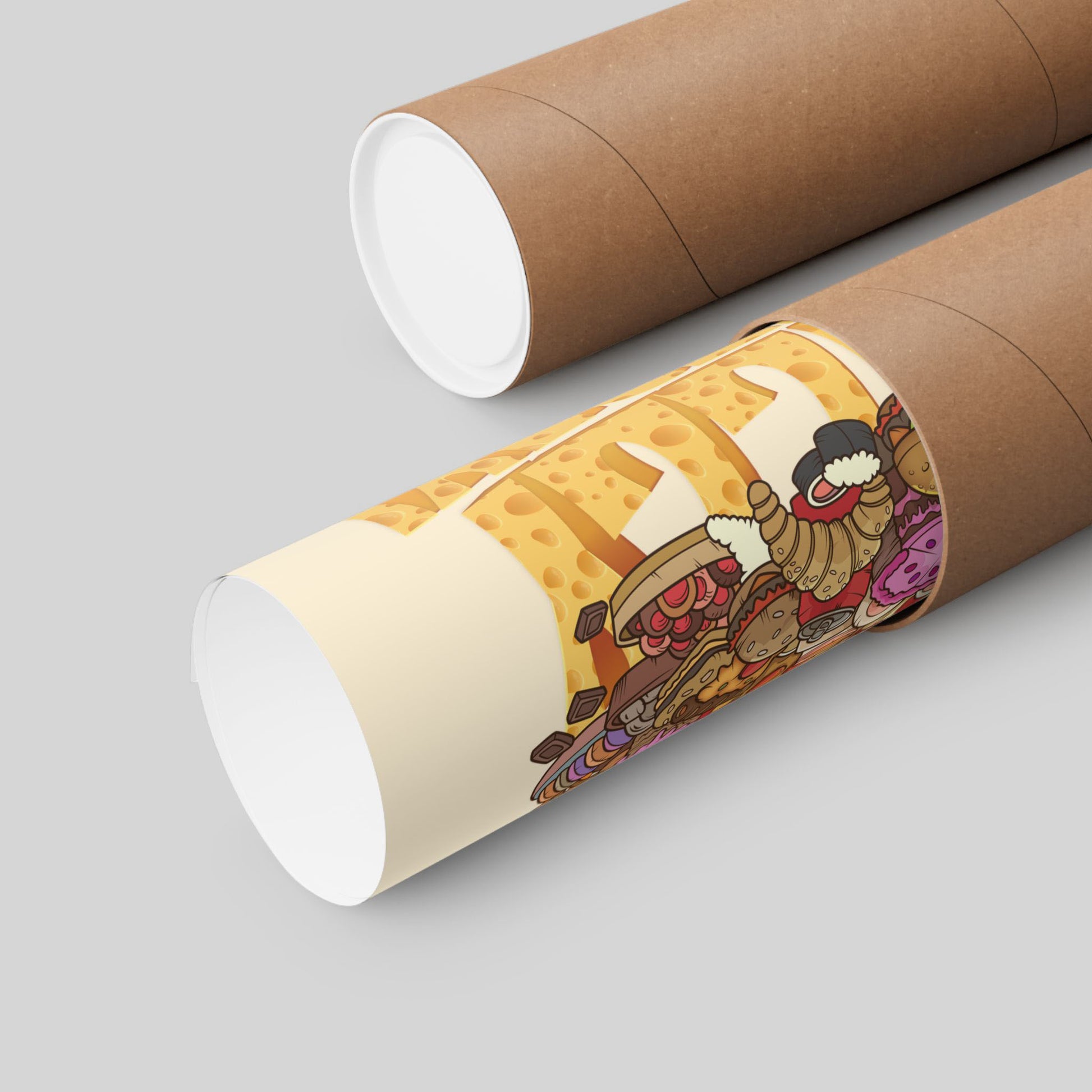 Funny junk food dragon poster rolled in a protective mailing tube, hand-drawn wall art.