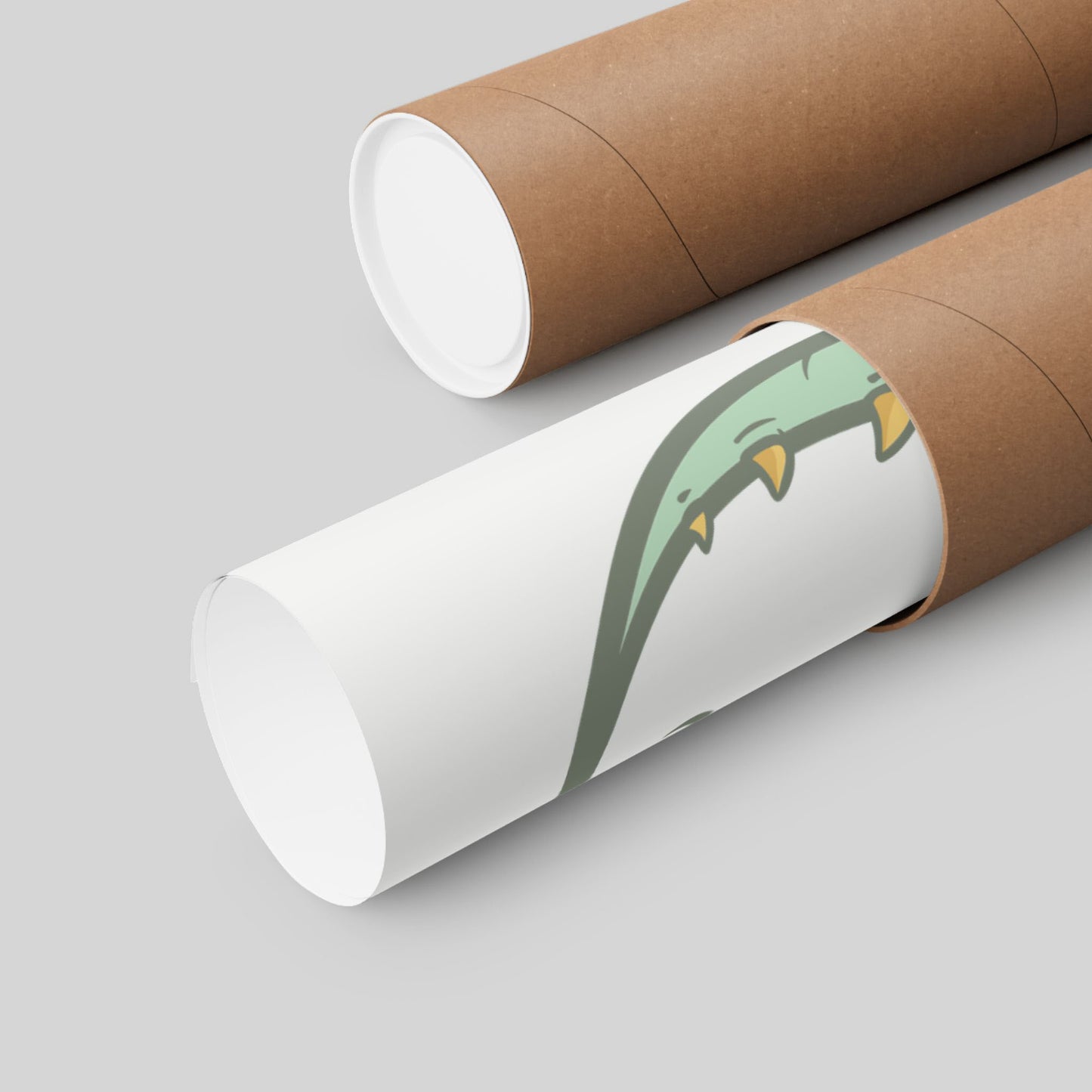 Funny grumpy coffee dragon poster rolled in a protective mailing tube, hand-drawn wall art.