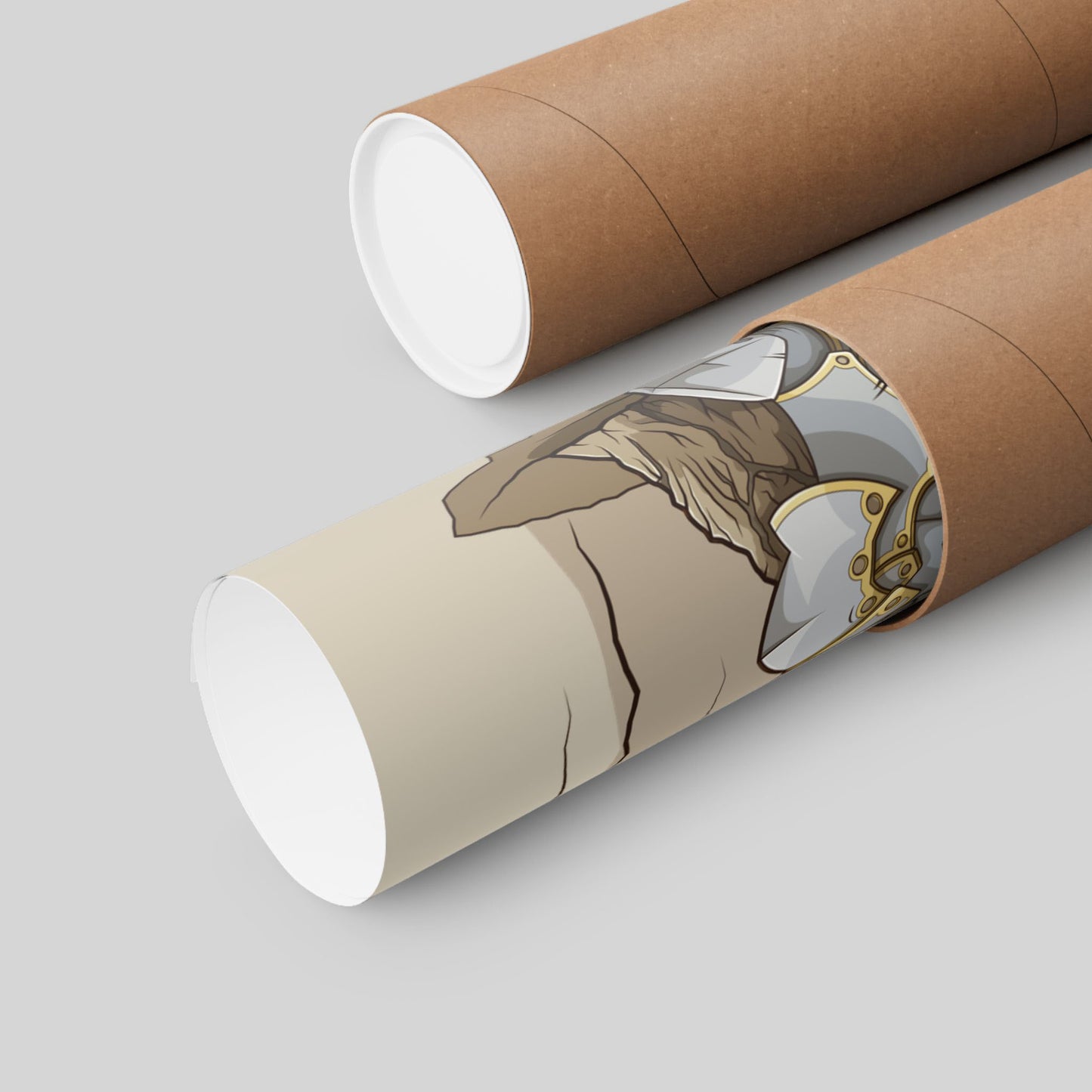 Funny knight coffee poster rolled in a protective mailing tube, hand-drawn wall art.