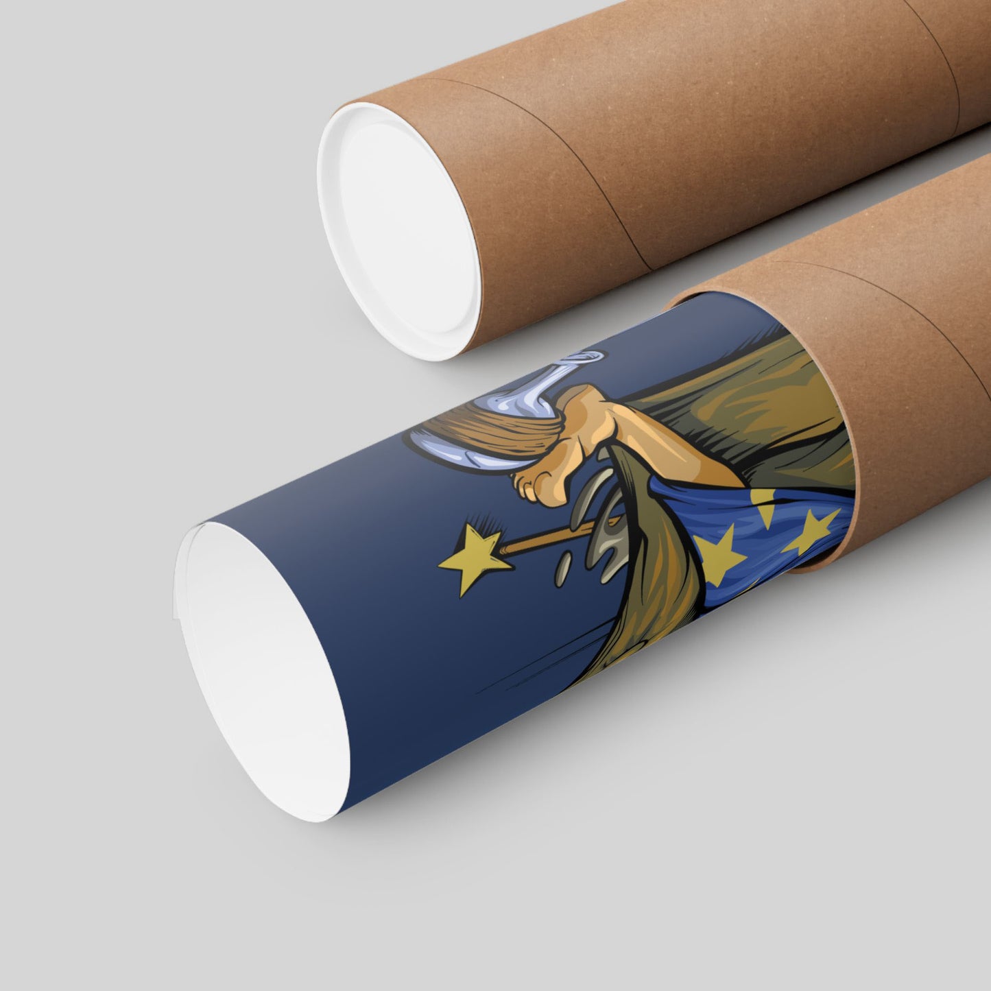 Funny wizard coffee poster rolled in a protective mailing tube, hand-drawn wall art.